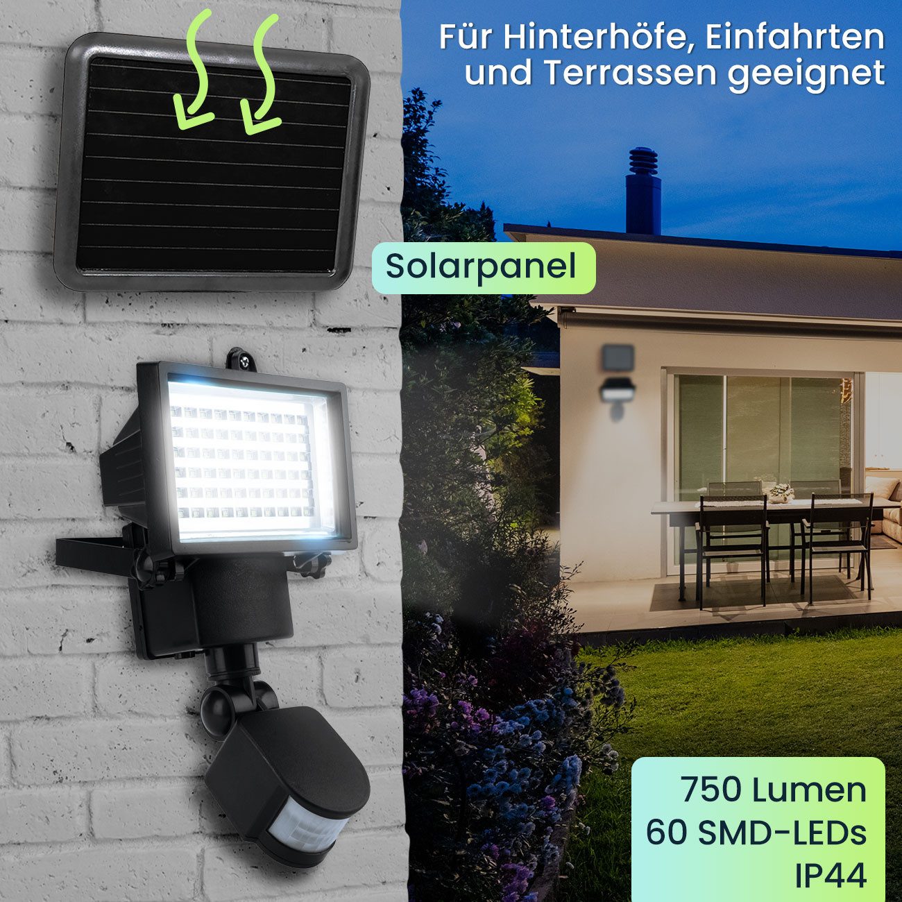 Casativo LED Außen-Wandleuchte Solar LED Wandfluter für Außen 12W 750 Lumen IP44 mit PIR-Sensor 180°, LED, Reichweite 2 bis 18 m, PIR + Dämmerungssensor 180° schwenkbar 12 W