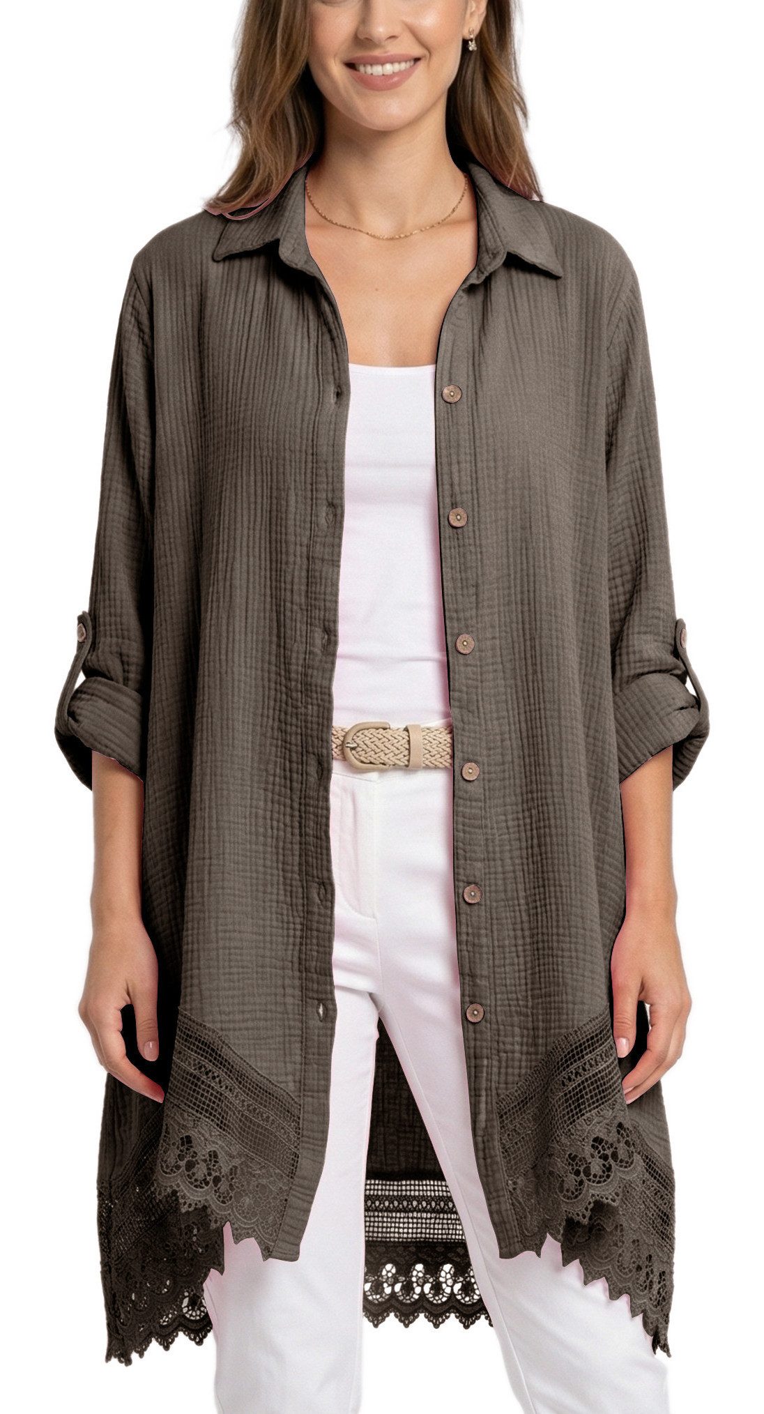 dy_mode Longbluse Damen Oversized Longbluse Musselin Tunika HemdbluseBlusenkleid in Unifarbe, dekorativem Häkel-Saum, Oversize-Passform