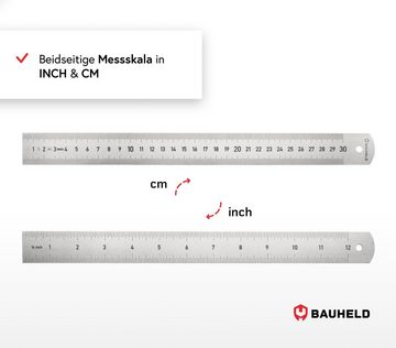 BAUHELD Multitool Streichmaß 300mm, (EG-1), Messwerkzeug mit INCH & CM [Made in Germany] Stahlmaßstab aus rostfreiem INOX Edelstahl - Lineal 30 cm), Holzanschlag aus PEFC-Buchenholz