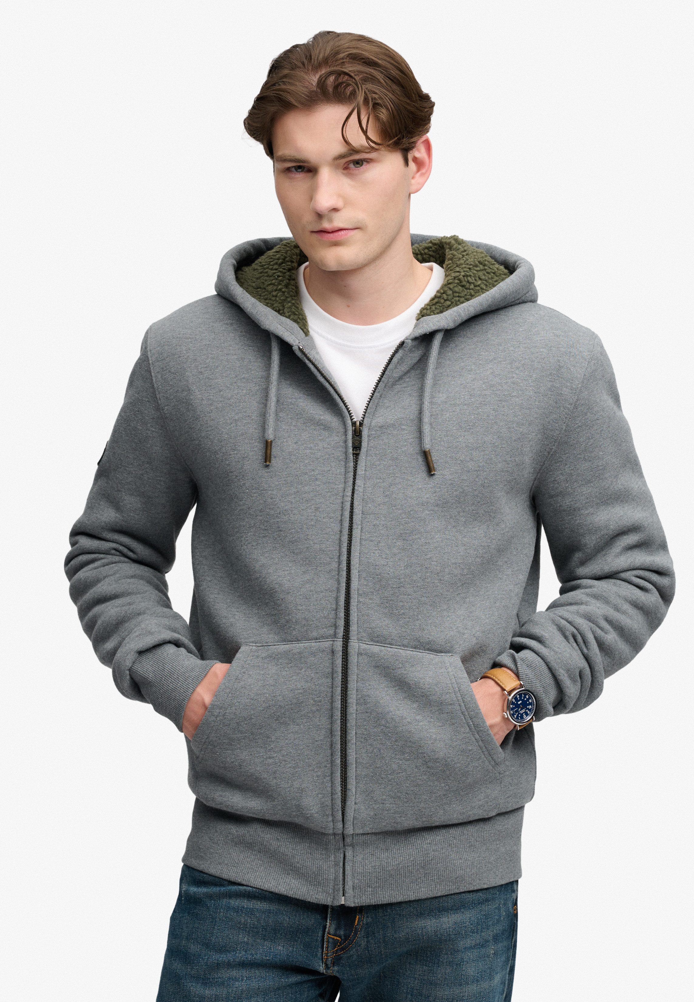 Superdry Kapuzensweatjacke BORG LINED ZIPHOOD Baumwollmischung, slim fit