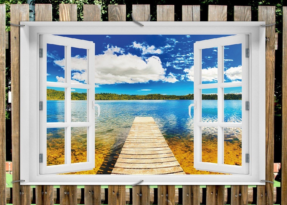 Thumbnail - Wallario Sichtschutzzaunmatten Klarer See mit Steg - Blauer Himmel, mit Fenster-Illusion