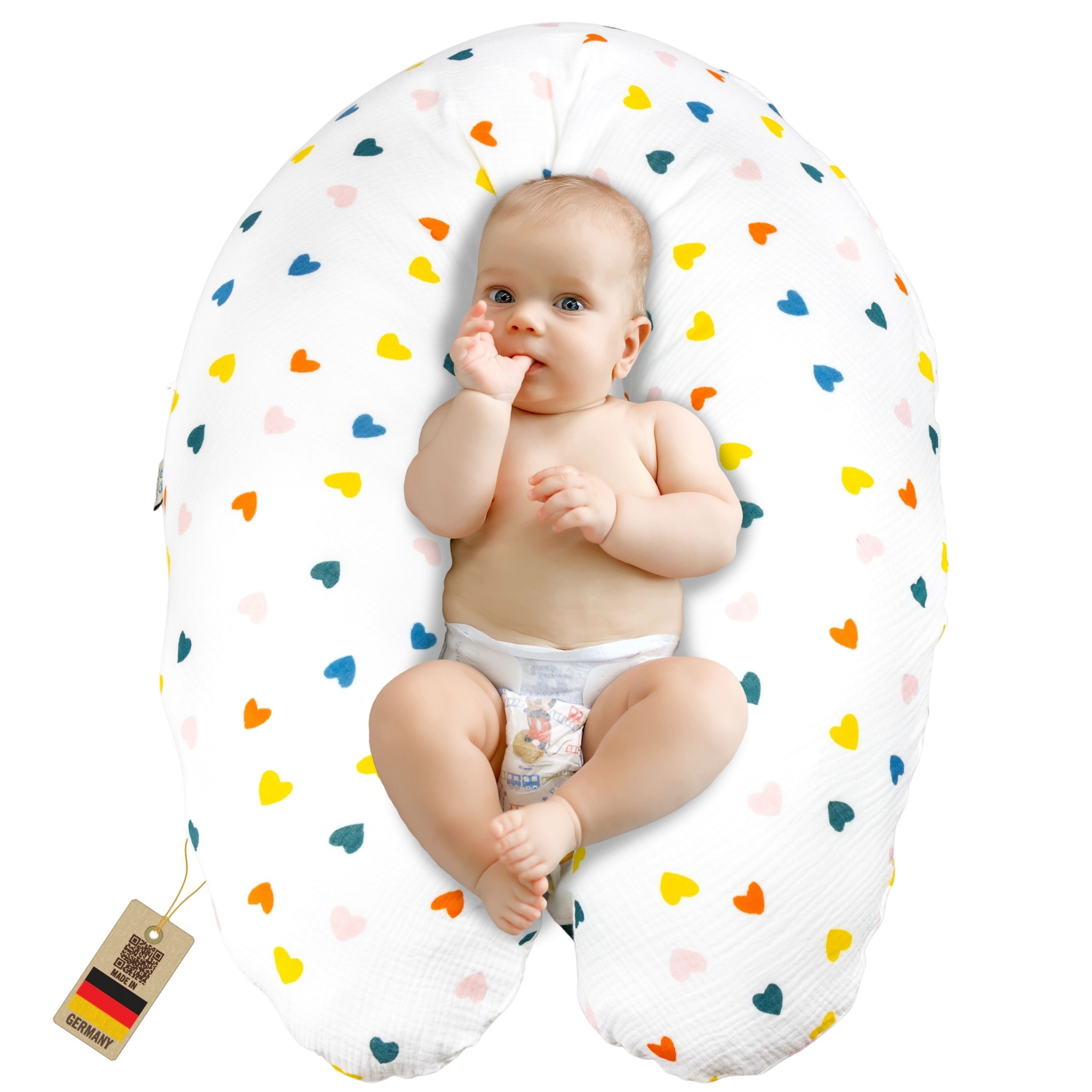- Erstausstattung Bezug, Schwangerschaftskissen Babynest Musselin Baumwolle Baby Stillkissen Neugeborene, Seitenschläferkissen Design mit BIO SEI XXL