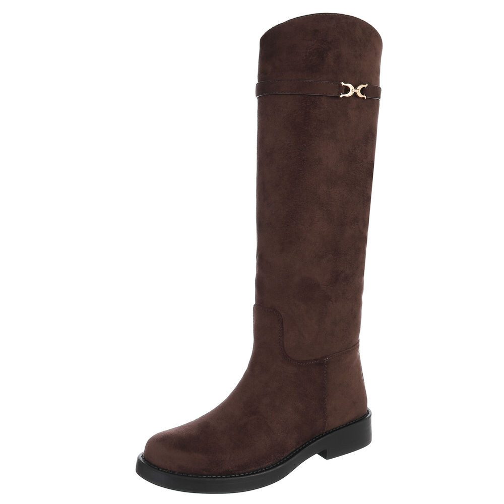 Ital-Design Damen Langschaftstiefel mit Zierschnalle, flach Stiefel (92268964) Blockabsatz Flache Stiefel in Braun
