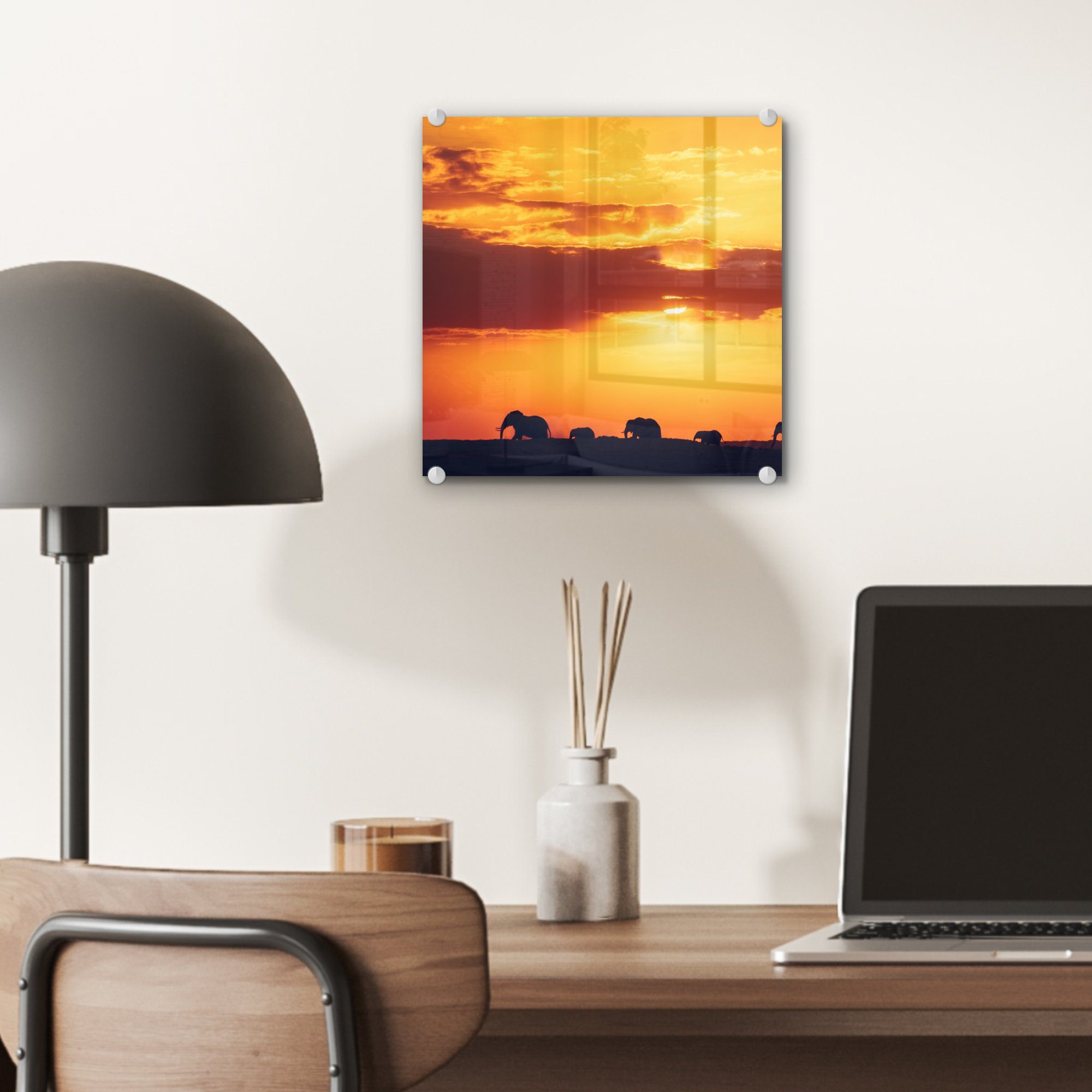 - - Glas Glasbilder Sonnenuntergang - Tiere, Glas St), Bilder Wanddekoration (1 auf Wandbild Foto auf - - Horizont MuchoWow Acrylglasbild Elefanten -