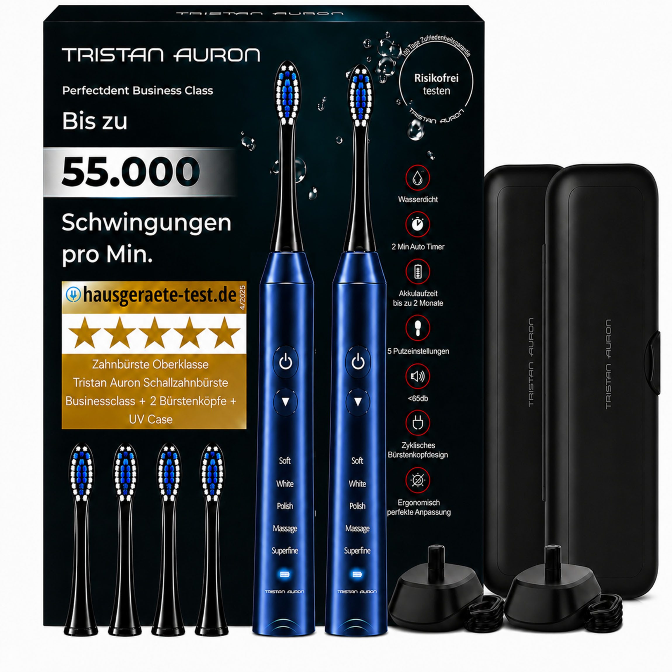 Tristan Auron Elektrische Zahnbürste Elektrische Zahnbürste Doppelpack + UV Reiseetui - 60 Tage Akku IPX7, Aufsteckbürsten: 4 St.