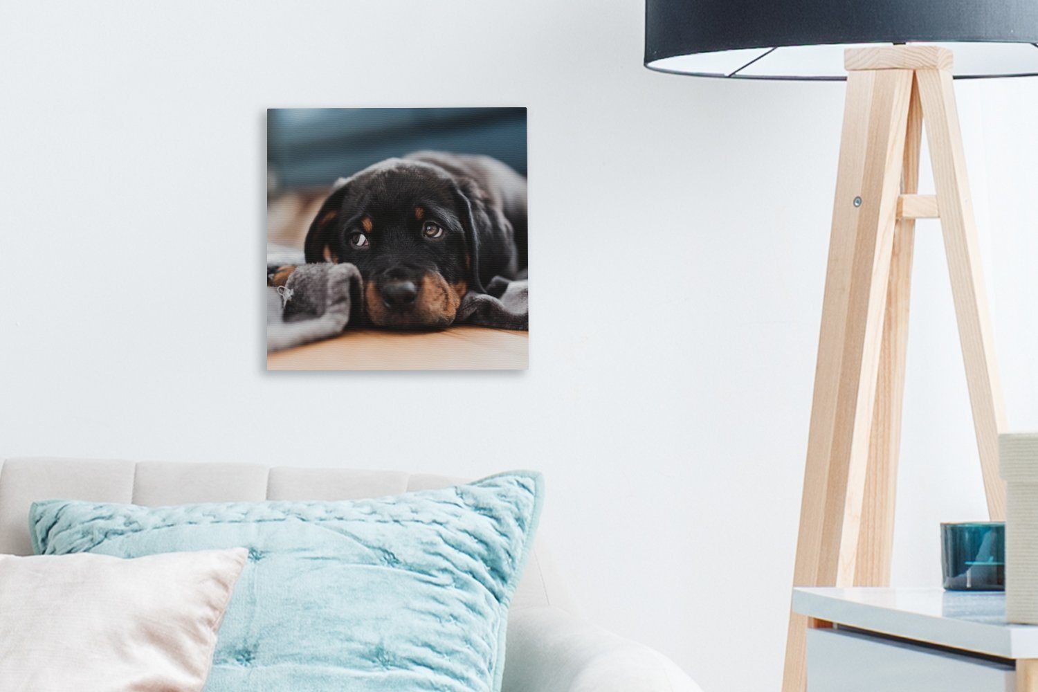 Leinwandbild dem auf (1 Rottweiler-Welpe Niedlicher Bilder für Schlafzimmer Boden, Leinwand OneMillionCanvasses® Wohnzimmer liegt St),