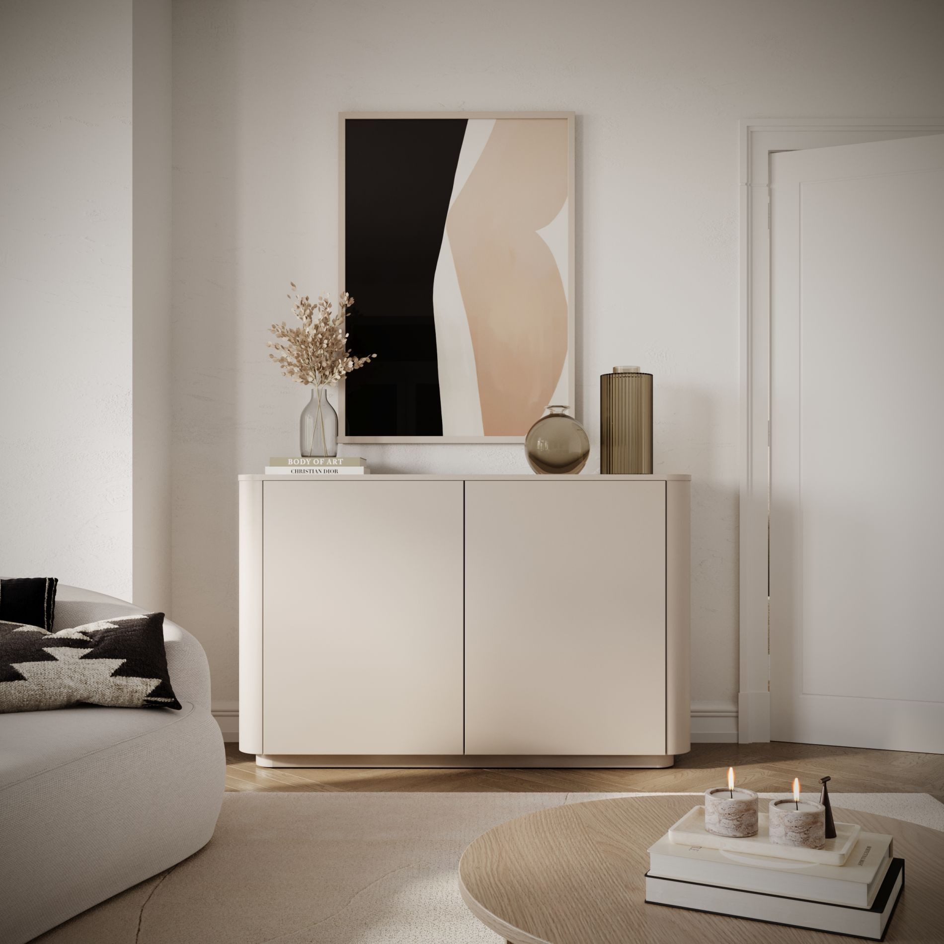 Selsey Sideboard LUVIO, 2-türig mit 6 Fächern, Kaschmirgrau, matt, abgerundete Kanten, 140 cm