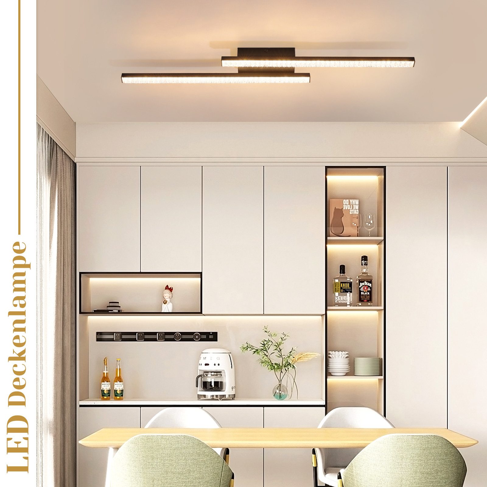 ZMH LED Deckenleuchte Wohnzimmer 12W Schwarz Deckenlampe Modern Kristall 3000K Flur, LED fest integriert, Warmweiß, 2 Flammig 61.5cm Küchenlampe Schlafzimmer – Bild 3 von 5