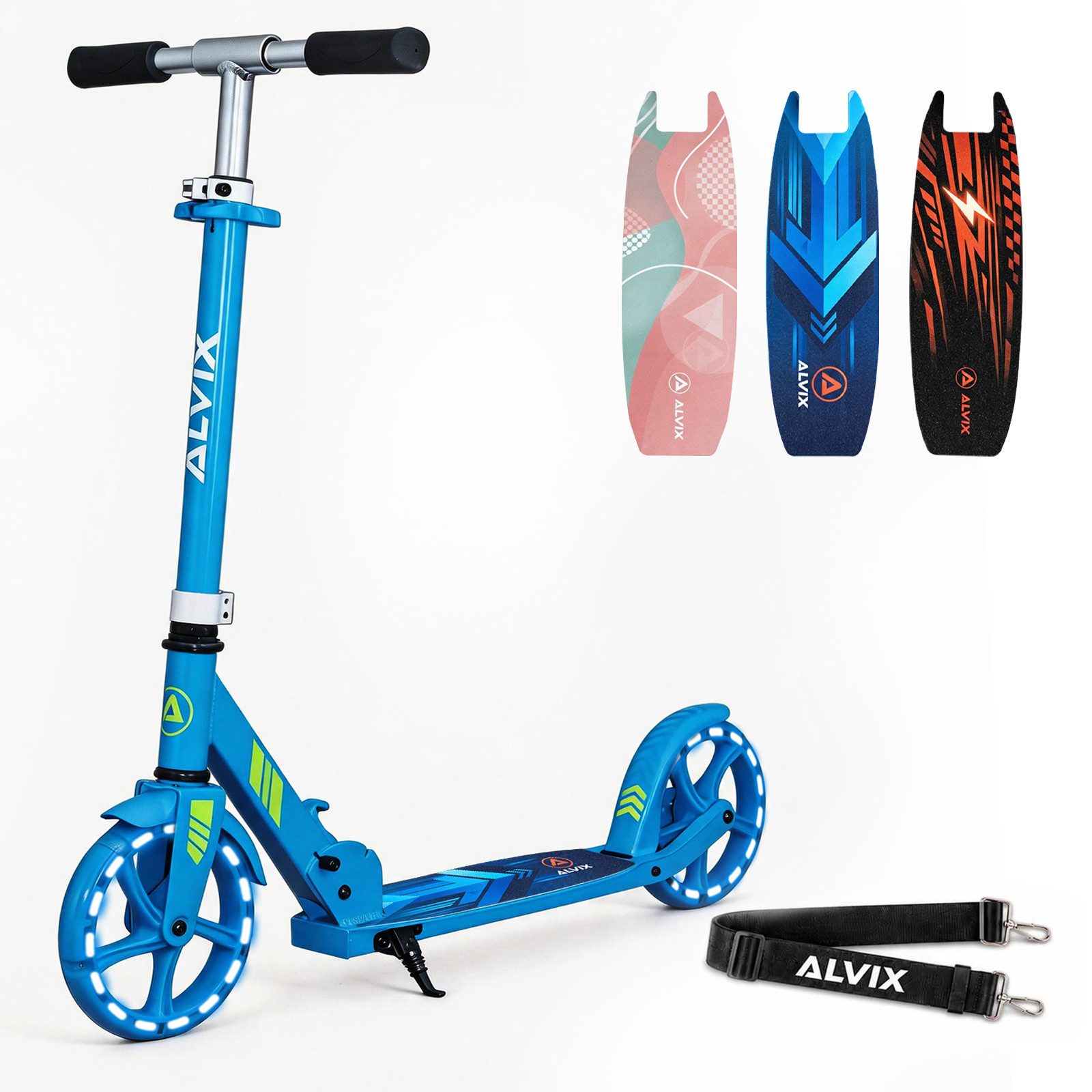 ALVIX Cityroller Kinderroller K-Serie, (Einzelartikel, 1 Scooter, 1 Tragegurt, 1 Bedienungsanleitung), 200-mm-LED-Räder, breites 120-mm-Deck, faltbar, Tragegurt