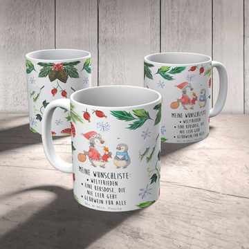 Mr. & Mrs. Panda Tasse Pinguin Wunschliste - Weiß - Geschenk, Heiligabend, Kaffeetasse, Niko, Keramik, Einzigartiges Botschaft