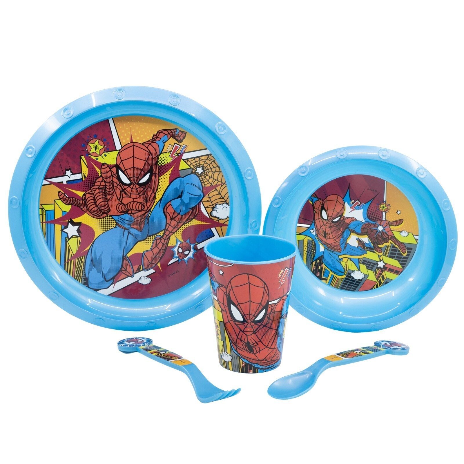 MARVEL Kindergeschirr-Set Marvel Spiderman Kinder Geschirr-Set 5-teilig (5-tlg), 1 Personen, Teller, Schüssel, Besteck, Becher