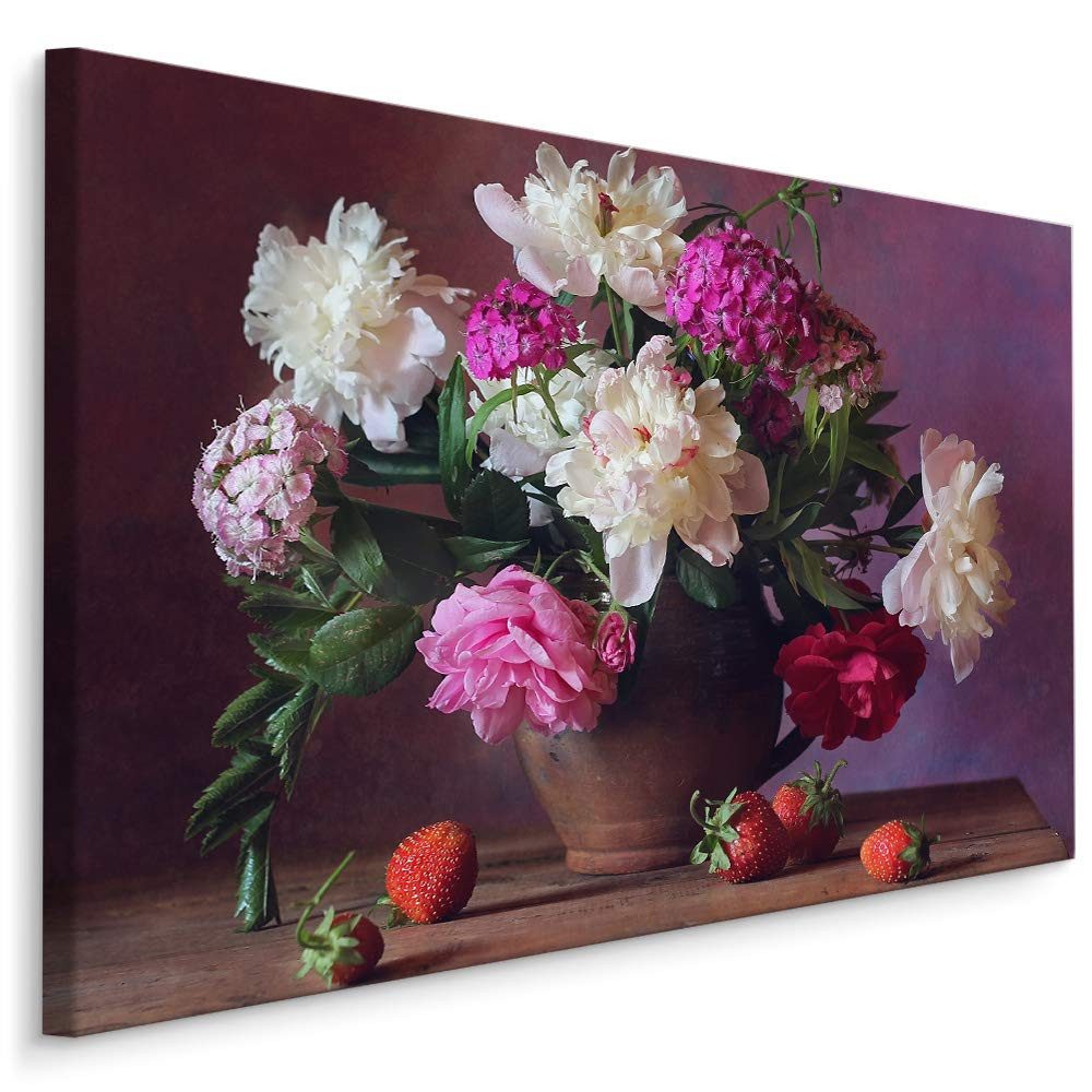 Muralo Leinwandbild Landschaft – Leinwandbild Wandbild Kunstdruck Wohnzimmer, Gewässer (1 St), Erdbeeren – Früchte – Pfingstrosen, 120 x 80 cm, aufhängefertig