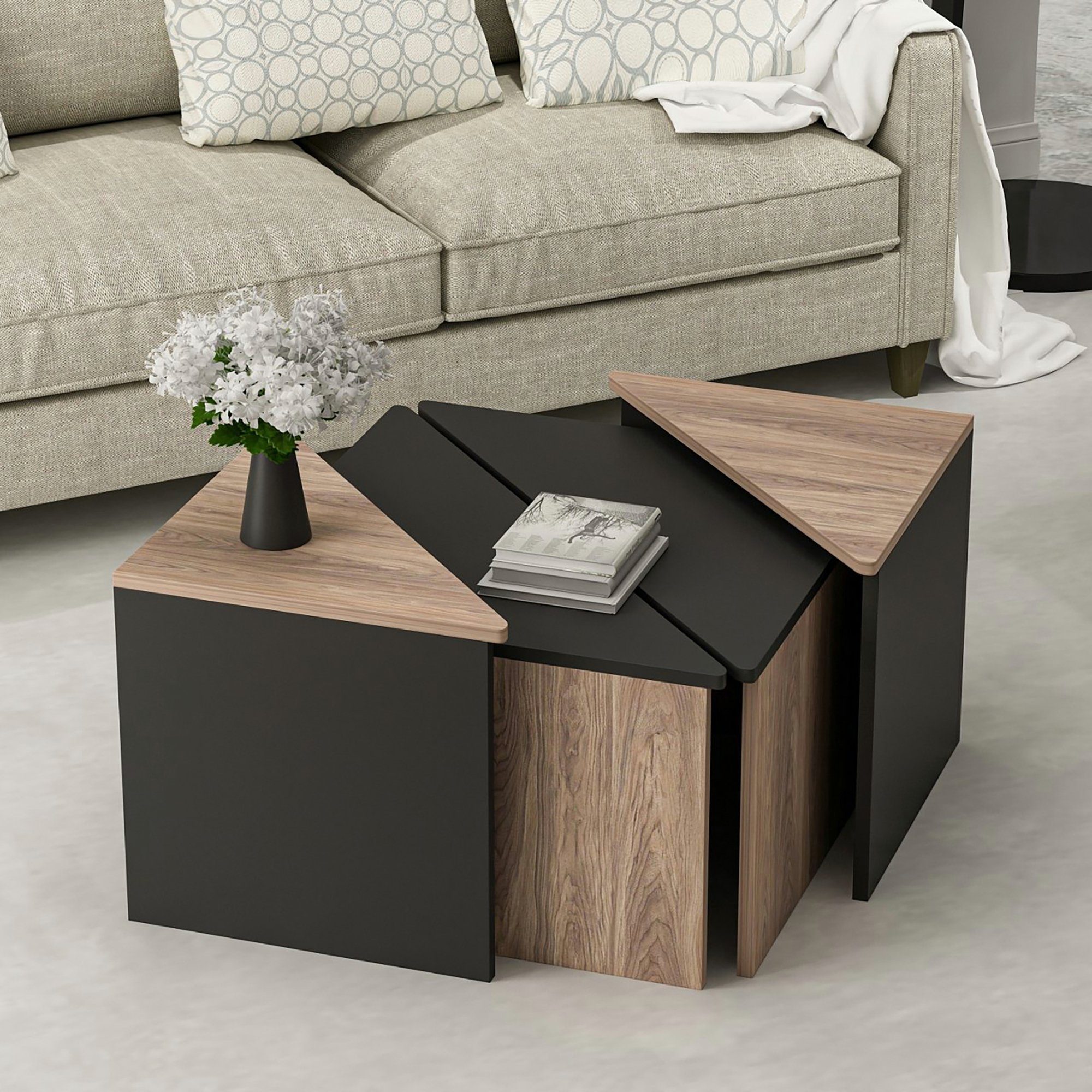 en.casa Couchtisch, »Frederikshavn« 4er Set Couchtisch Eiche-Optik / Schwarz 47x45x45cm