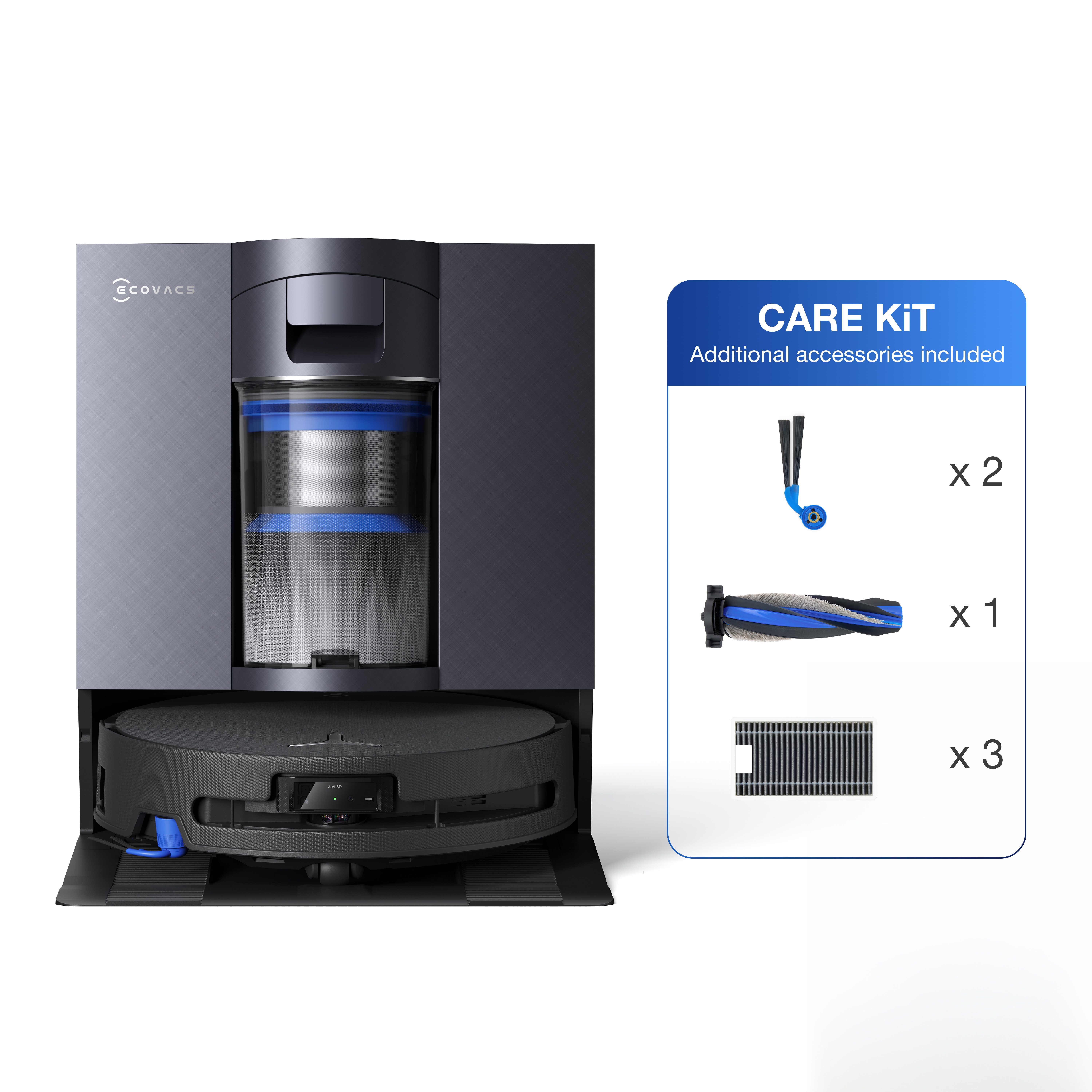 ECOVACS Nass-Trocken-Saugroboter DEEBOT X11S OmniCyclone Care Kit, All-in-One Station (beutellos), 65 W, beutellos, 30.000 Pa + 16 L/s (Luftstrom), 27cm Wischrolle, Care Kit