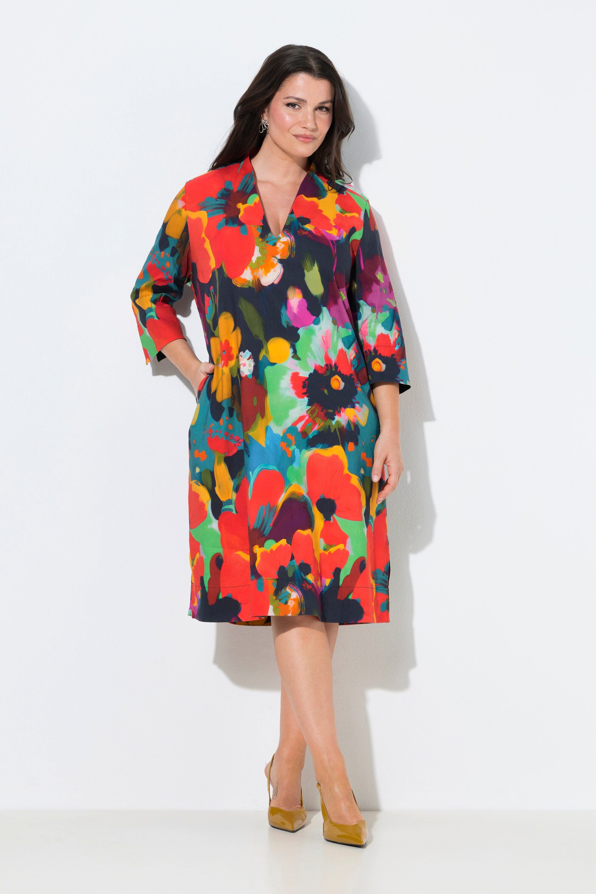 Ulla Popken Midikleid Midikleid Leinenmix A-Linie Kelchkragen 3/4-Arm