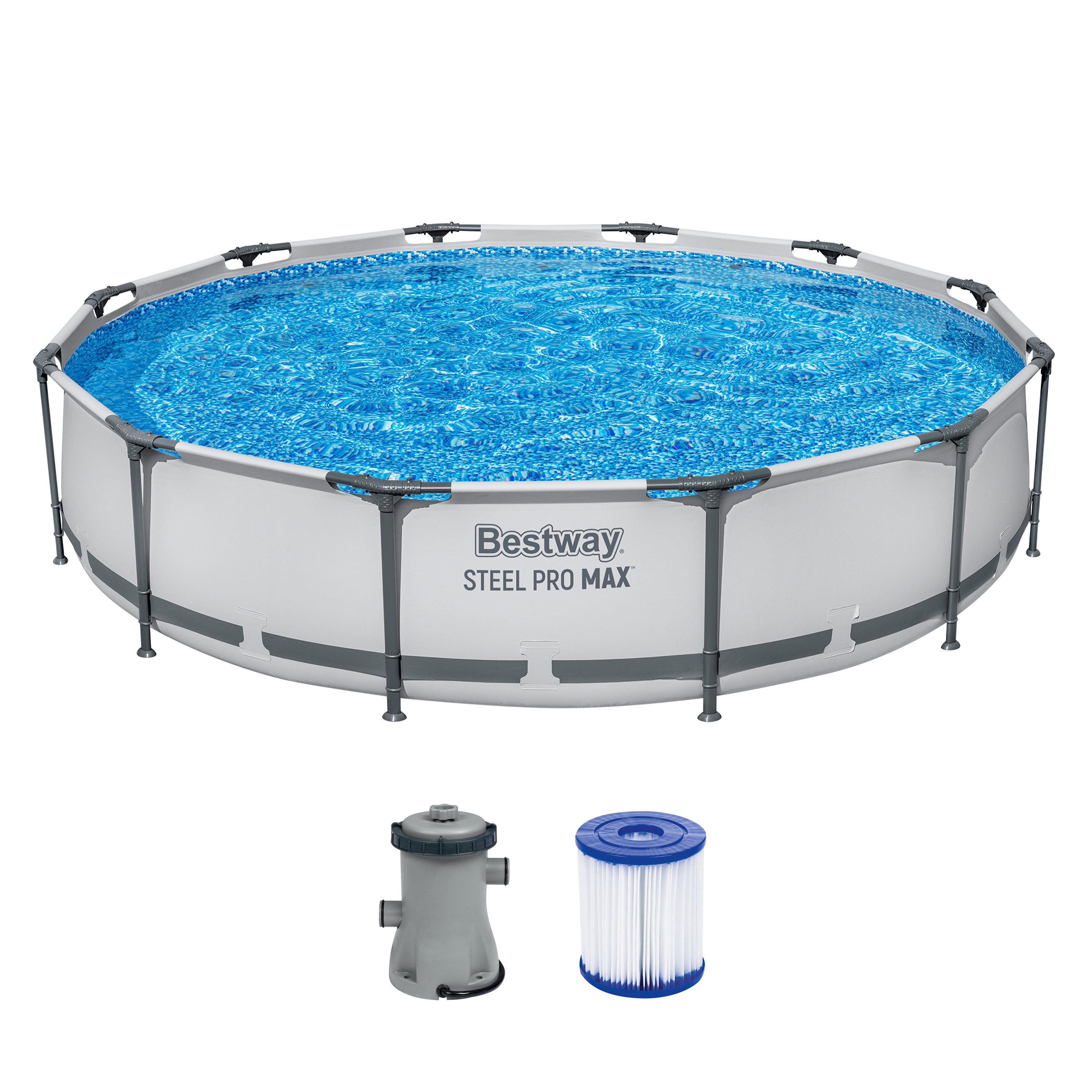 Bestway Framepool Steel Pro MAX Ø 366 x 76 cm (Set, mit Filterpumpe), lichtgrau, rund