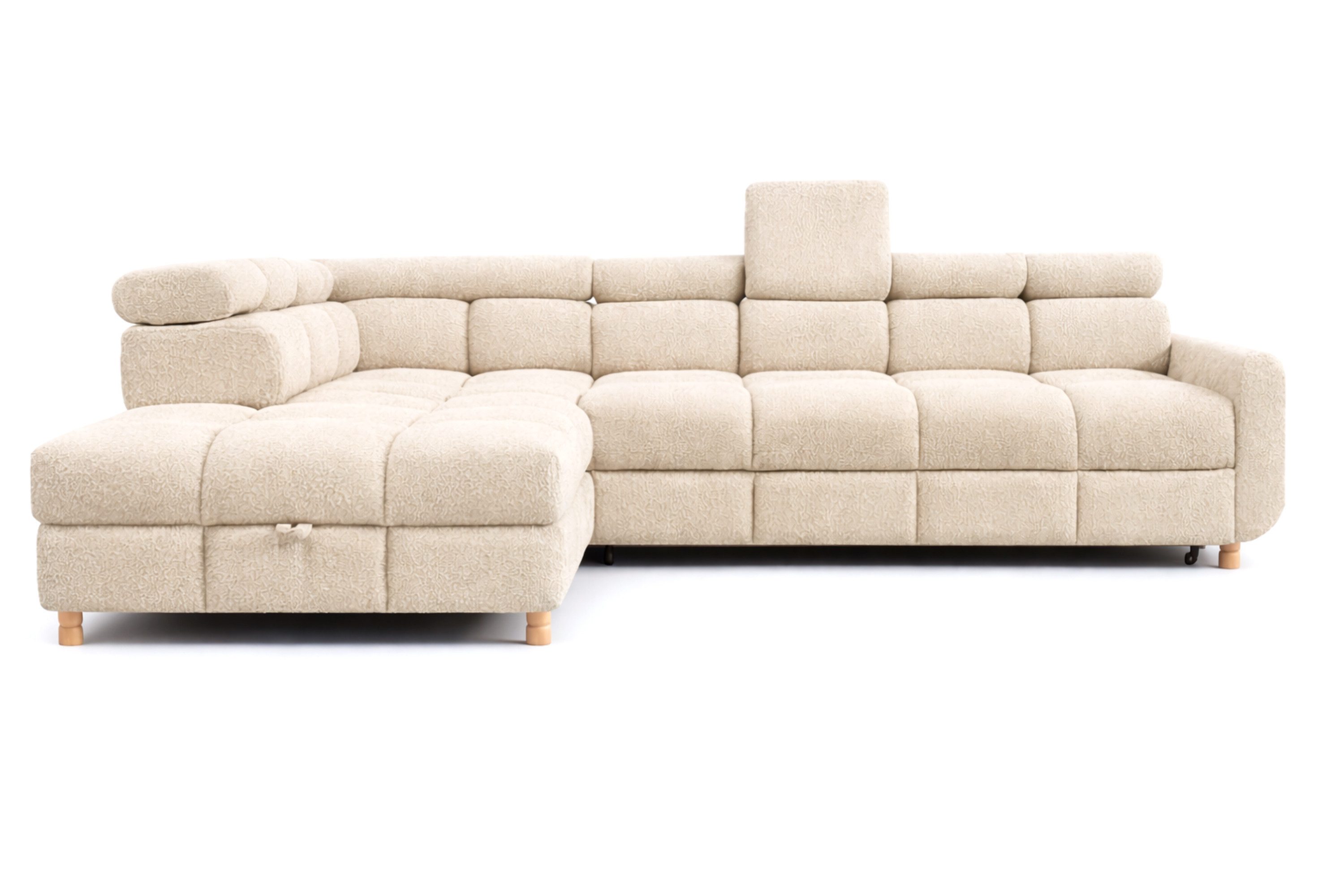 MOEBLO Ecksofa BUN aus Bouclé, mit Schlaffunktion, Bettkasten und verstellbaren Kopfstützen – modernes Polsterecksofa für Wohnzimmer, Eckcouch Wohnlandschaft Sofa mit Ottomane Eckgarnitur Polsterecke, (BxHxT): 276 x 78 x 209 cm