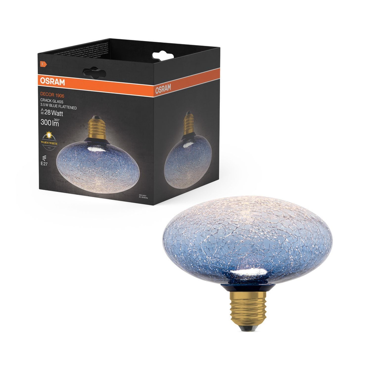 Licht-Erlebnisse LED-Leuchtmittel LAMP, E27, Warmweiß, E27 Crackled Glas Blau Ø 15 cm 2700 K 300 lm warmweiß Deko Lampe