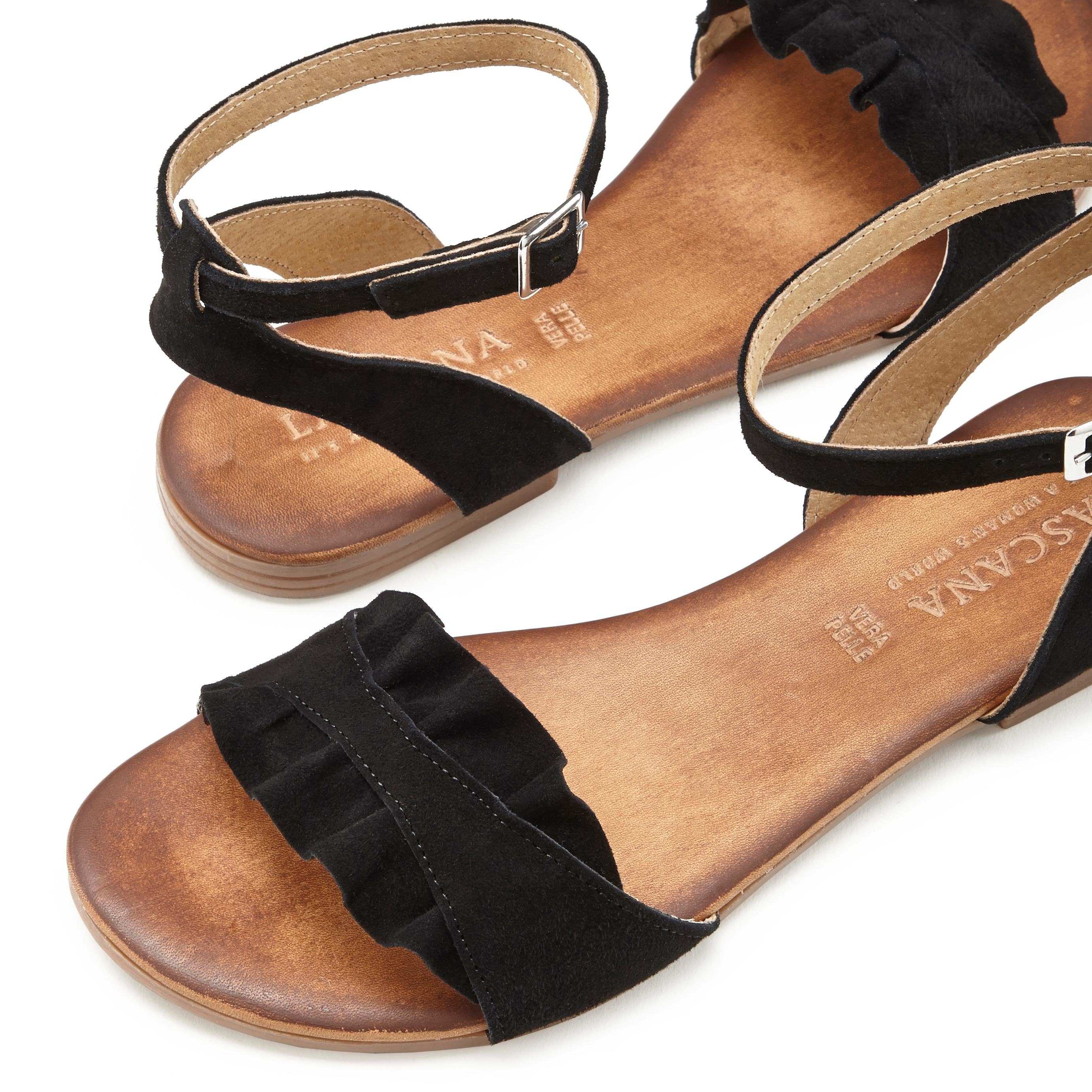Sandalette, hochwertigem Sandale LASCANA Rüschen kleinen Leder schwarz Sommerschuh mit aus