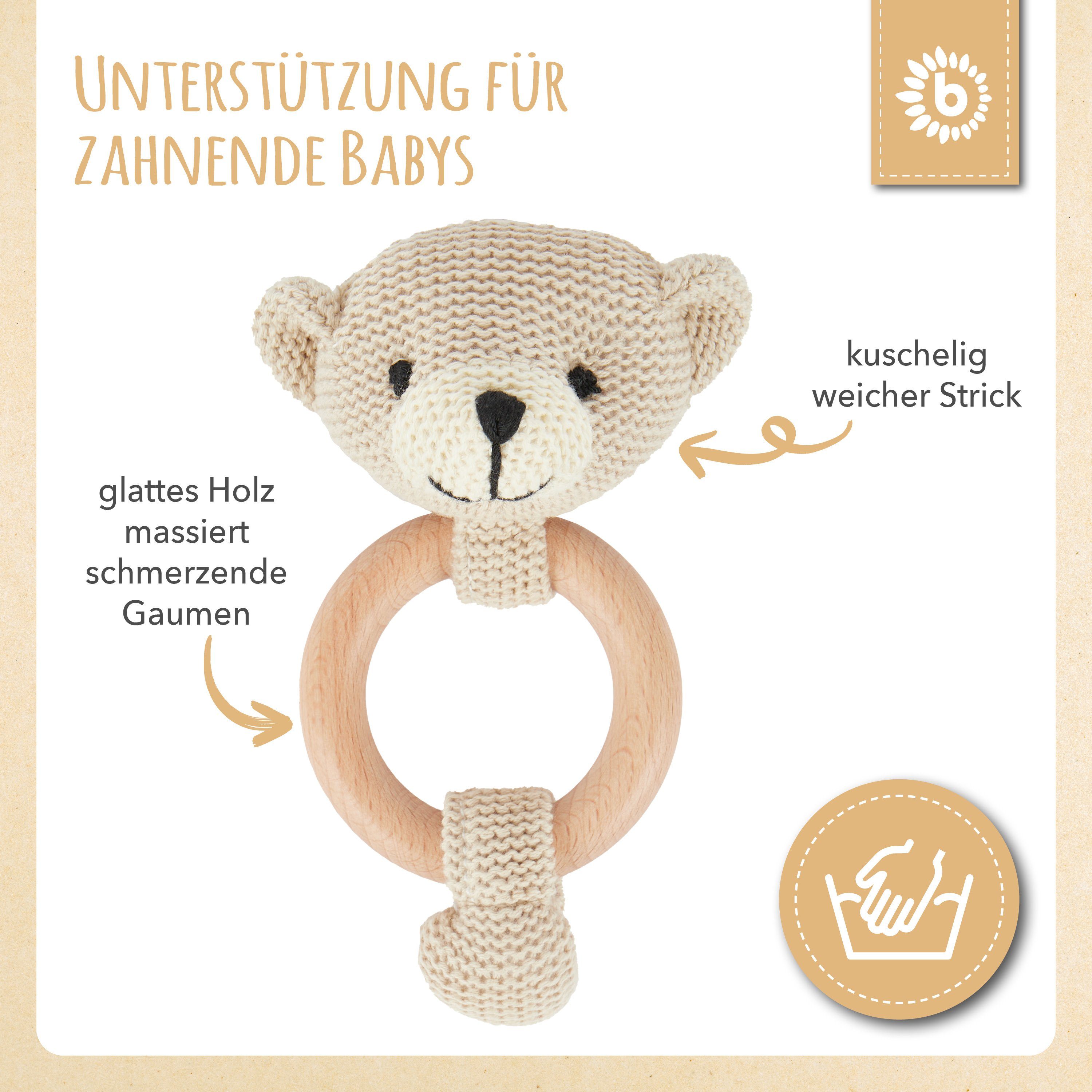 BIECO Greifspielzeug Bieco Greifling Baby Rassel Länge 14cm Bär Häkel Rassel mit Holzring