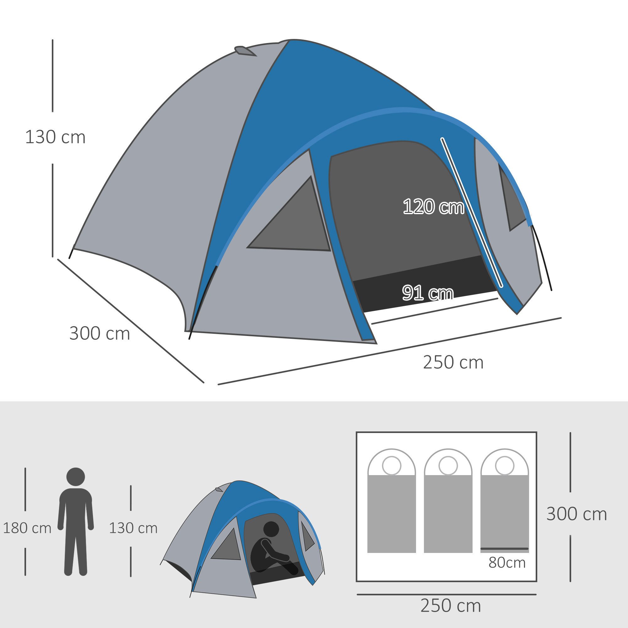 Outsunny Kuppelzelt Familienzelt mit Fenster, 1000mm Wassersäule für Reise Camping, Personen: 3 (Campingzelt, 1 tlg., Tunnelzelt), für Garten, Balkon, Blau+Grau