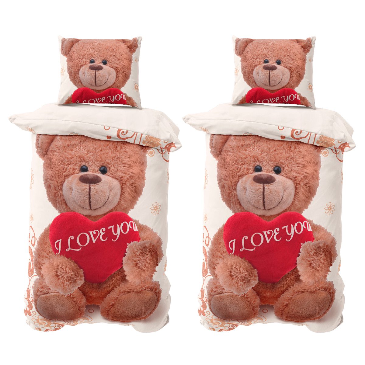 Visaggio Bettwäsche Winter Fleece Bettbezug flauschig warm, Fleece, 4 teilig, Teddy Bär Partnerbettwäsche mit I Love You Herz