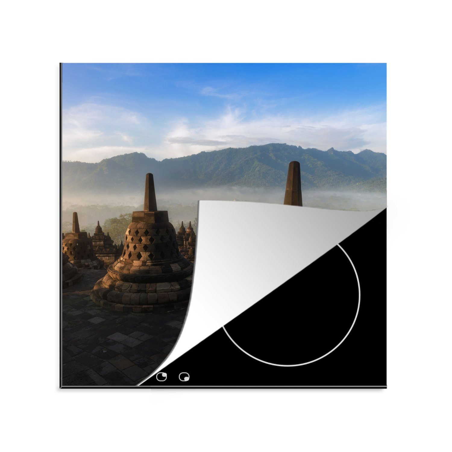 MuchoWow Herdblende-/Abdeckplatte Indonesien - Berg - Nebel, Vinyl, (1 tlg), 78x78 cm, Ceranfeldabdeckung, Arbeitsplatte für küche