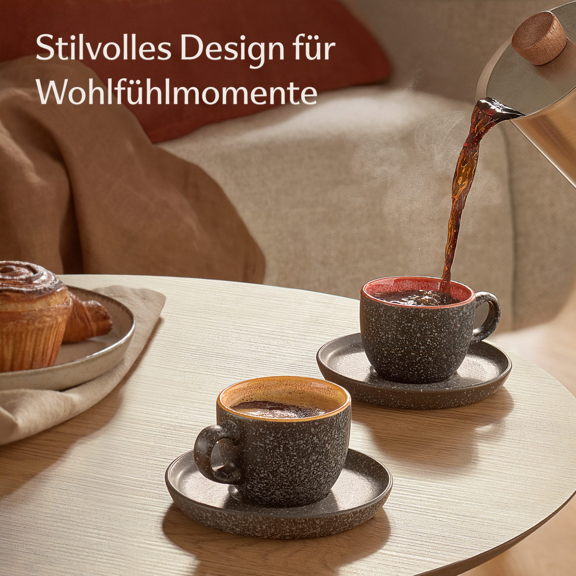 Cosumy Cappuccinotasse Espressotassen mit Untertassen 4er Set - 90 ml Keramik bunt, 8-tlg., Keramik, Steingut mit Handgefertigter Reaktiver Glasur - Hält Lange  – Bild 2 von 5