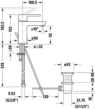 Duravit Waschtischarmatur B.2 Waschtischmischer, Размер S, mit Zugstangen-Ablaufgarnitur mit AquaControl und AirPlus, Ausladung 10,1 cm, Chrom