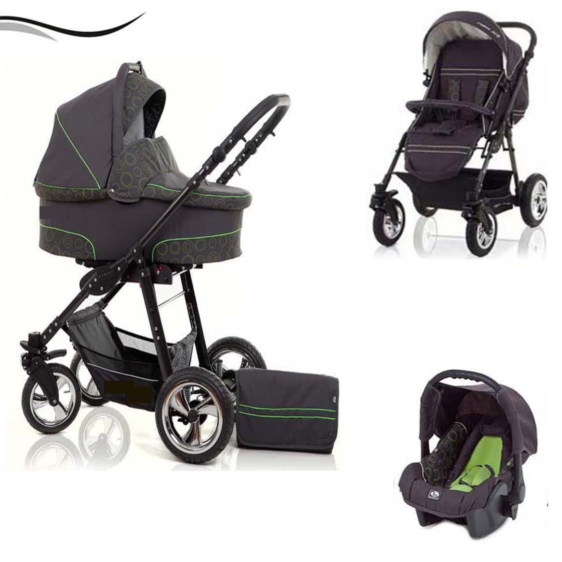 babies-on-wheels Kombi-Kinderwagen City Star 3 in 1 inkl. Autositz - 16 Teile - von Geburt bis 4 Jahre in 16 Farben Grau-Grün-Dekor