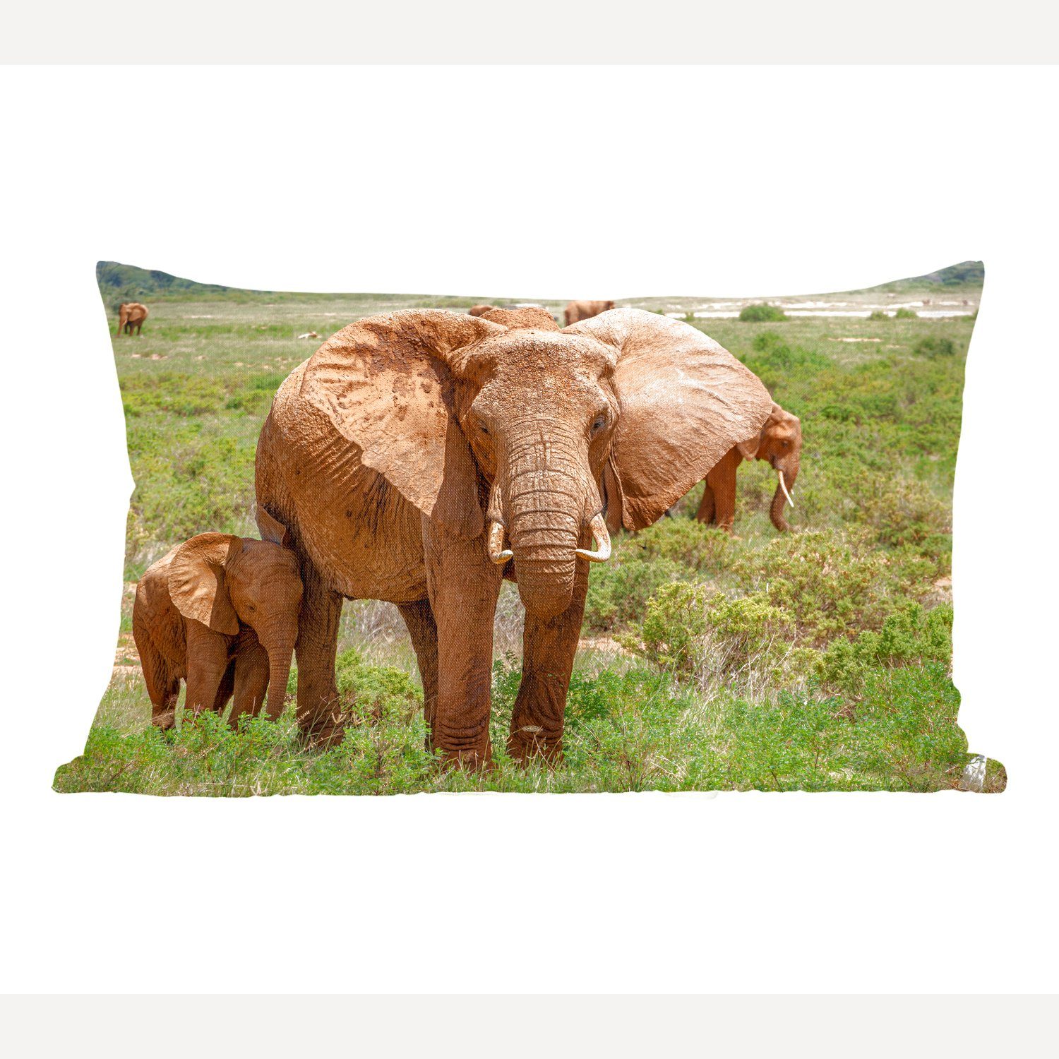 MuchoWow Dekokissen Elefantenmutter mit ihrem Baby im Gras, Wohzimmer Dekoration, Zierkissen, Dekokissen mit Füllung, Schlafzimmer