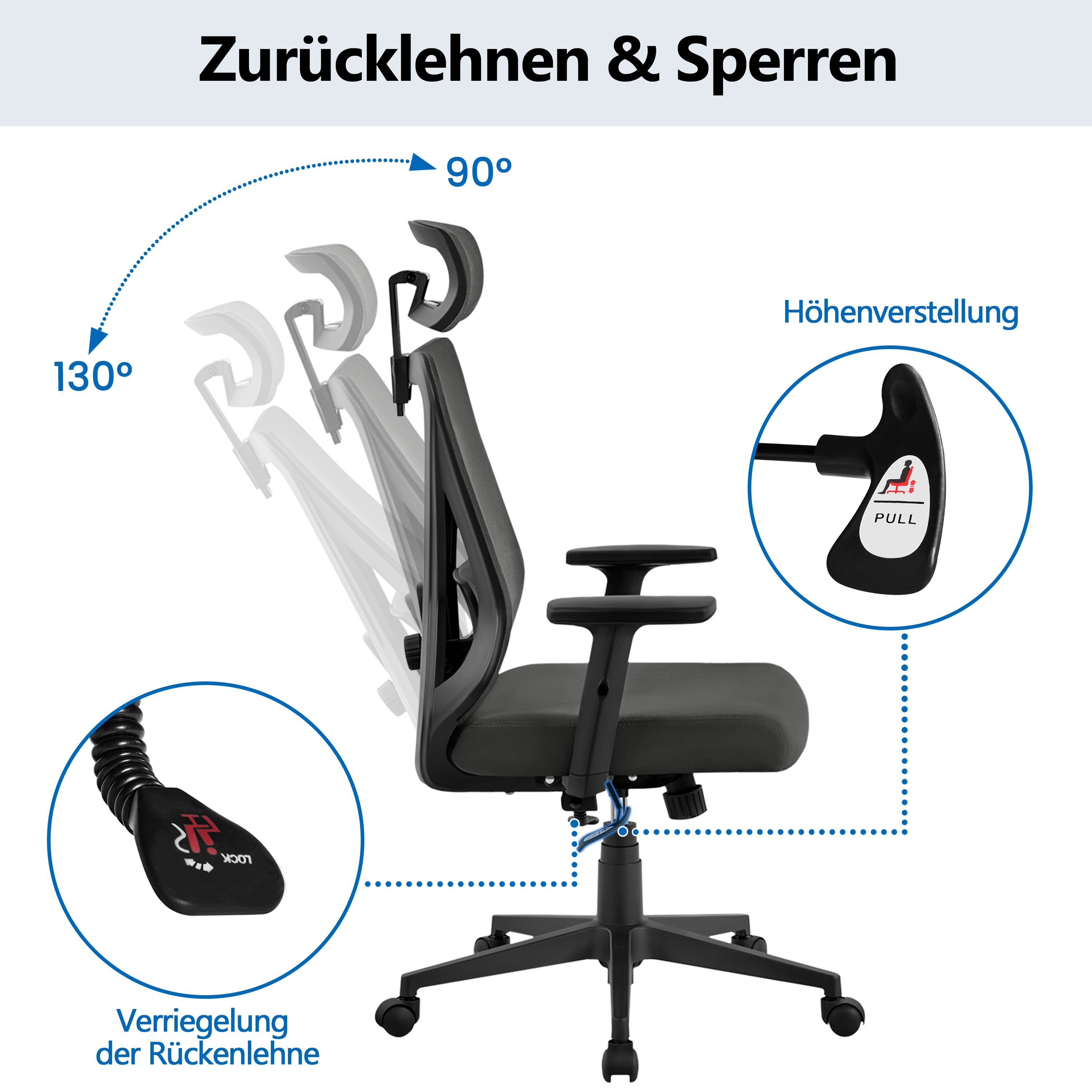mit Yaheetech schwarz Schreibtischstuhl Höhenverstellbar Drehstuhl, Verstellbarer Kopfstütze,
