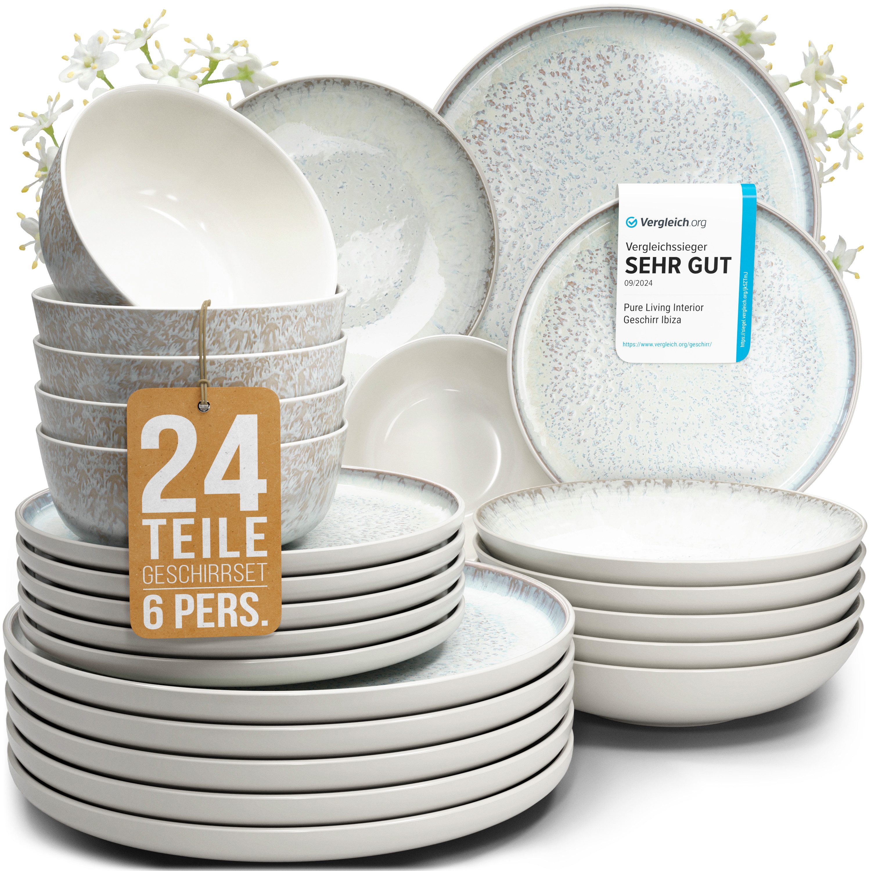 PURE LIVING INTERIOR DESIGN Geschirr-Set Ibiza aus Steingut, 24-tlg., für 6 Personen, Beige, 6 Personen, Steingut, Mediterrane Handwerksoptik, Reaktive Glasur – jedes Stück einzigartig…