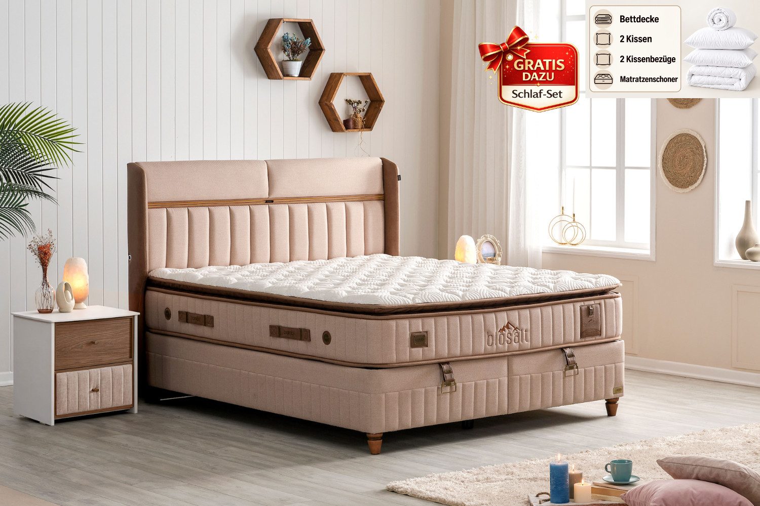 BAMBI YATAK Boxspringbett mit Matratze & Stauraum, Bambi Biosalt, Bett mit Bettkasten H3 (140x200 cm, USB/Type-C & LED-Beleuchtung), 7-Zonen Taschenfederkernmatratze, Optionale Nachttische