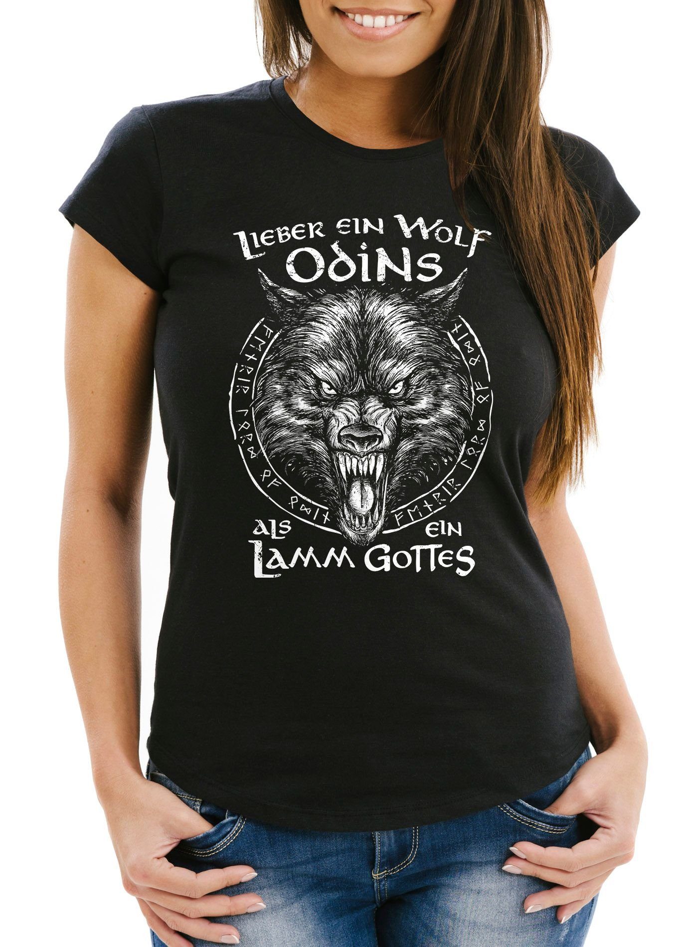 Neverless Print-Shirt Damen T-Shirt Spruch Lieber ein Wolf Odins als ein Lamm Gottes Wikinger nordische Mythologie Fashion Streetstyle Neverless® mit Print