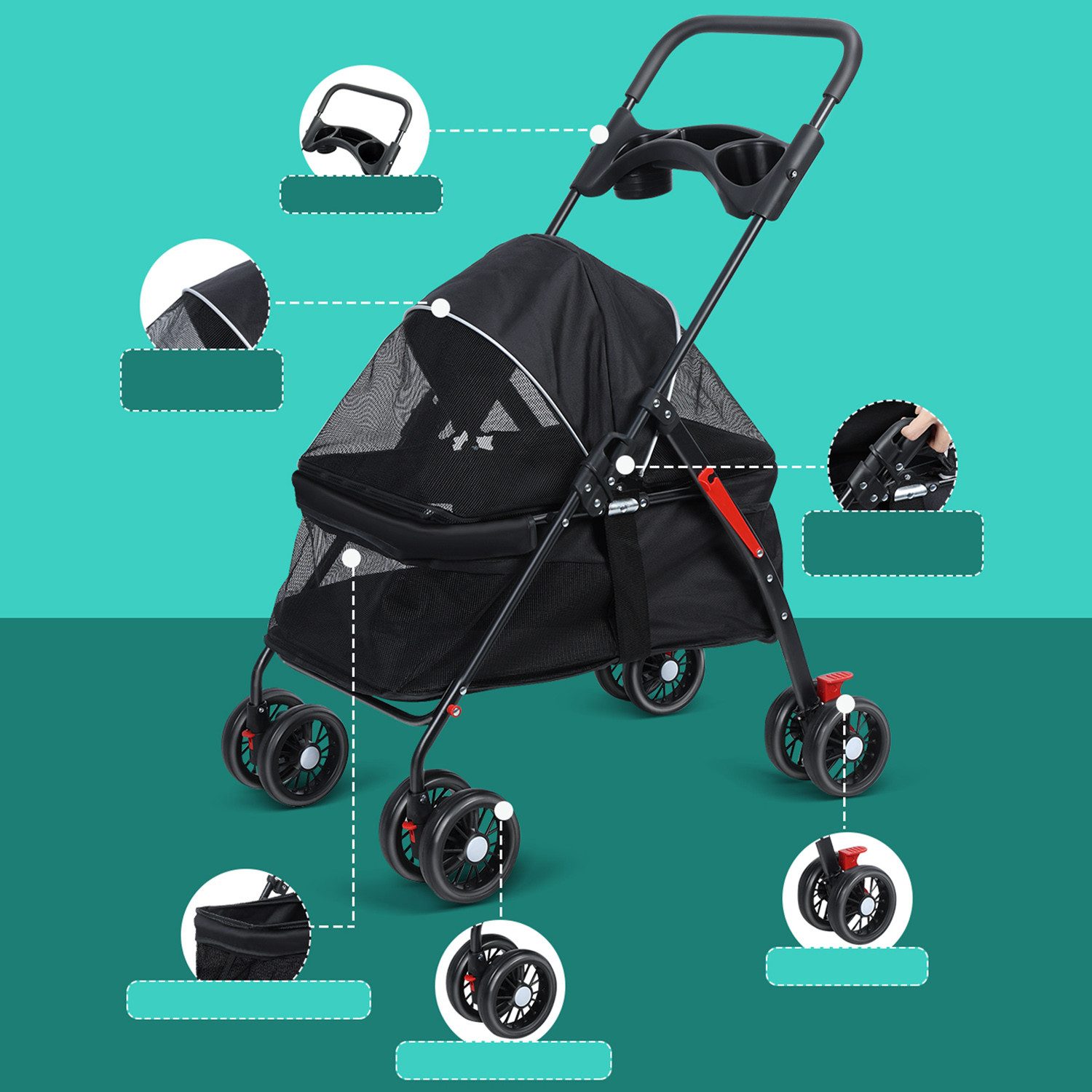 Rutaqian Hundebuggy Kinderwagen für Hunde und Katzen 4 Rädern, mit Getränkehalter, (Kinderwagen für kleine Haustiere,für Mittelgroße und kleine Hunde), Zusammenklappbarer Kinderwagen für Reisen im Freien