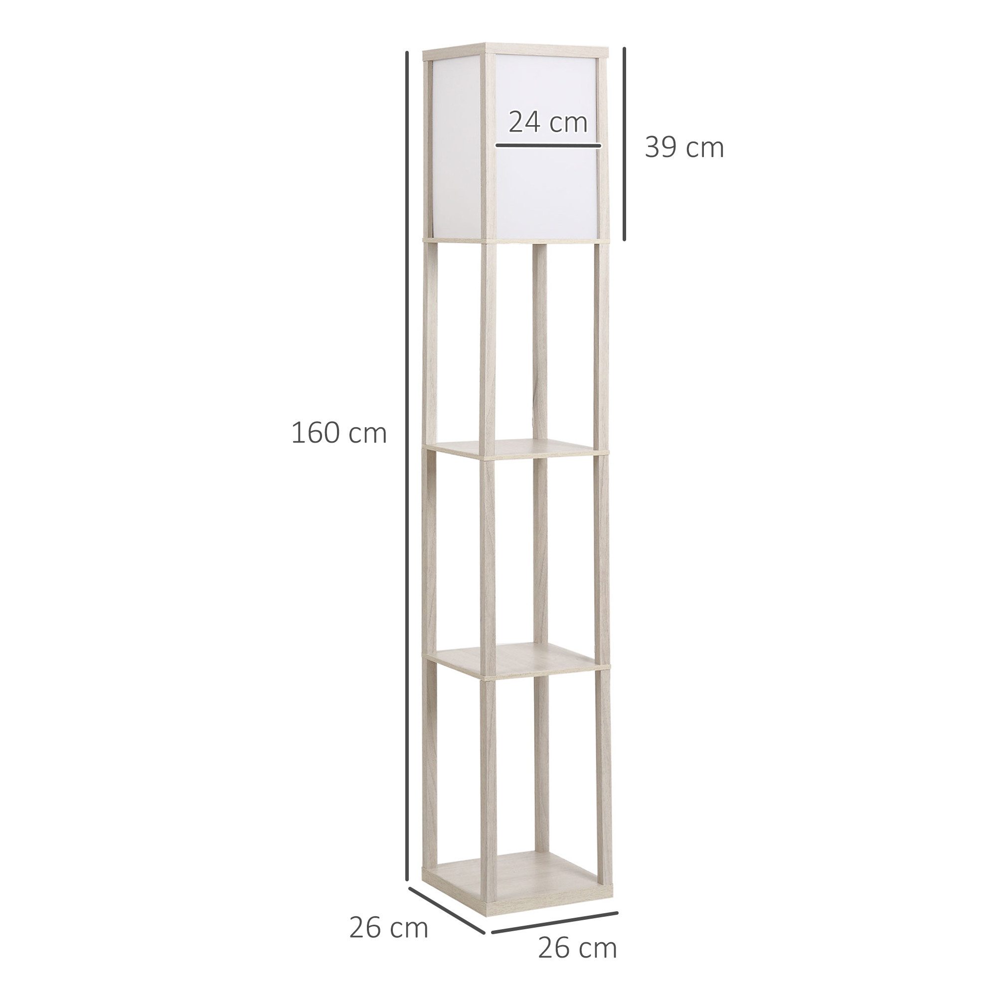 FELIXLEO Stehlampe Stehleuchte mit 3 Regalen E27 bis 40W Eiche Weiß 26x26x160cm