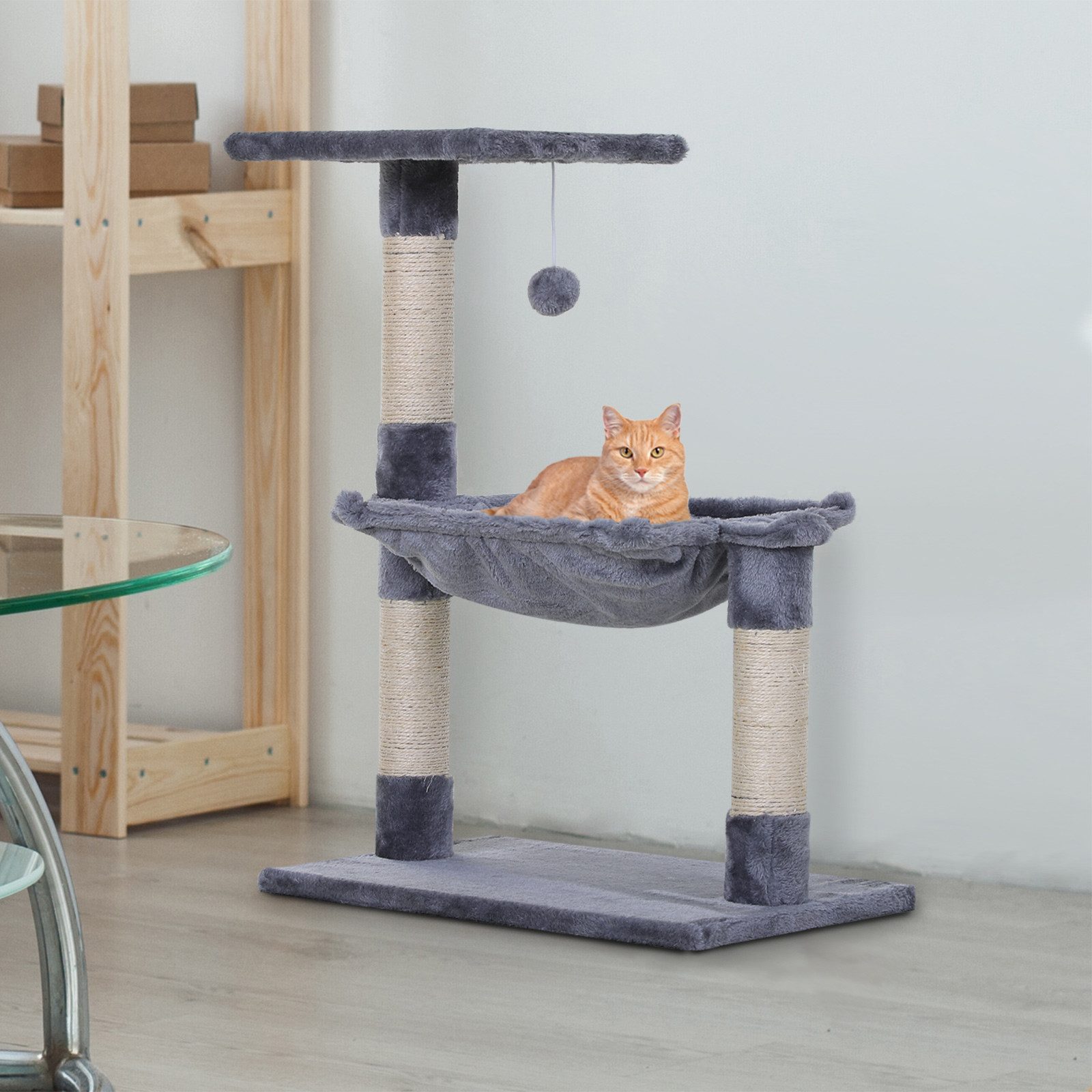 PawHut Kletterbaum Katzenbaum Kratzbaum mit Sisalsäule Plüsch-Hängematte Spanplatte Grau 50 x 36 x 70 cm von PawHut