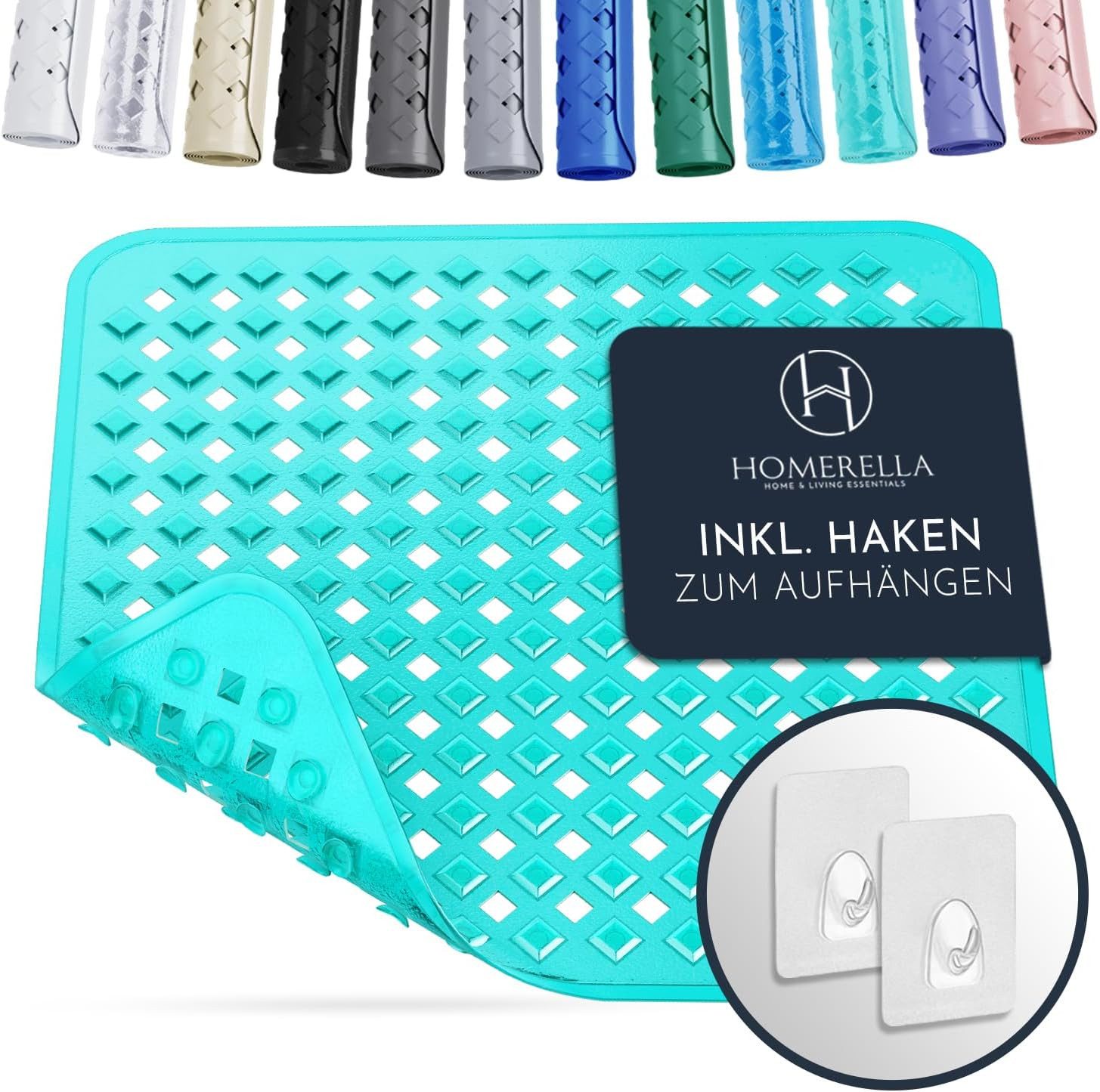 Homerella Duschmatte rutschfest Kinder - 100% BPA frei Inkl. 2 Haken zum Aufhängen 53x53cm, Antirutschmatte Dusche Baby hautintensiv & schimmelresistent, - Duscheinlage maschinenwaschbar