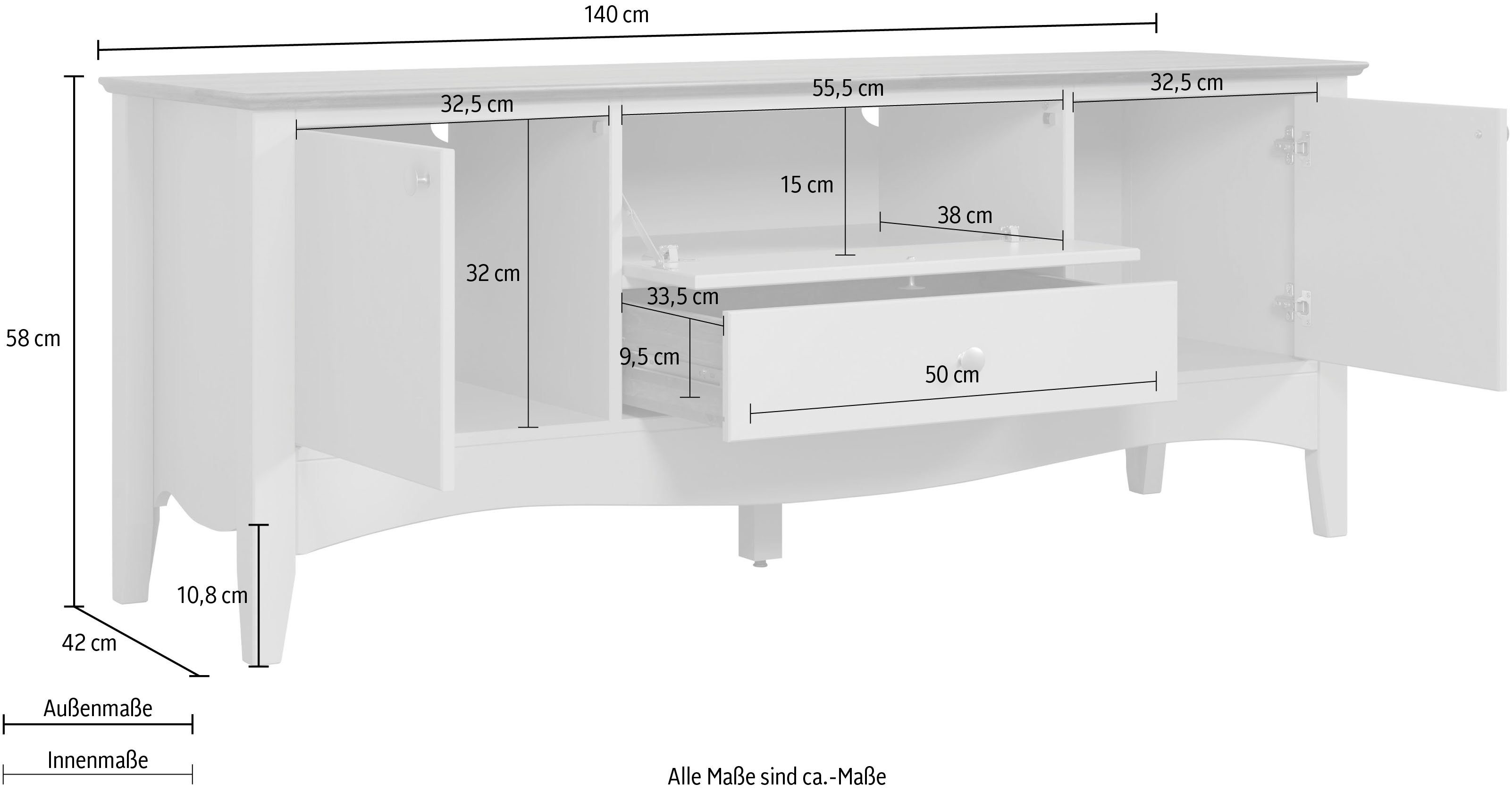 ebuy24 INTER-FURN Kiefer Weiß & Lissabon, lackiert Kaffeebraun MDF, lackiert/Kiefer Massiv, | Massiv Kiefer Metallgriffe, 140/58/42 Kiefer Weiß MDF, & cm B/H/T: teilmassiv, TV-Board Massiv lackiert