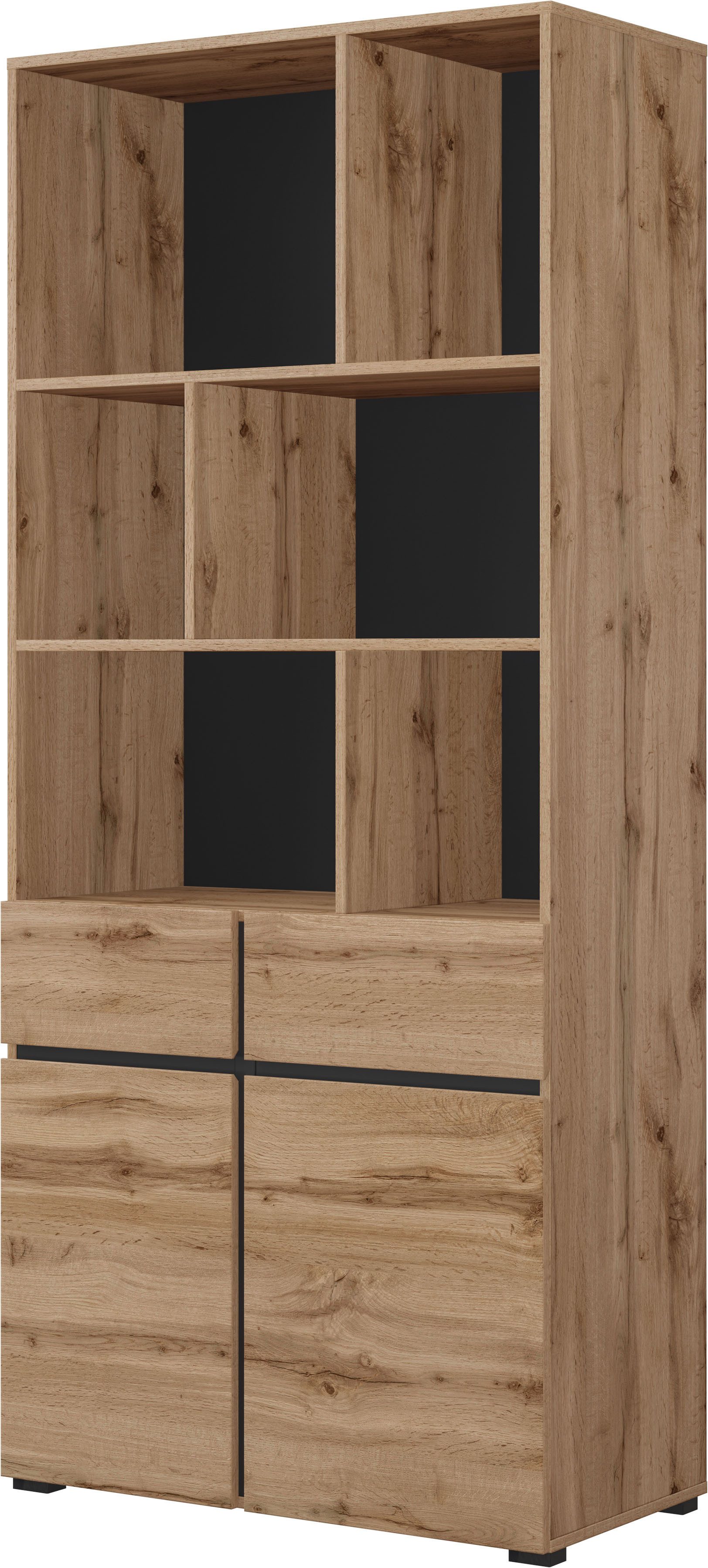 OTTO home Aktenschrank Cross, Breite 85 cm, modernem grifflose Standregal, Bücherregal Standregal mit 6 offene Fächern, 2 Schubladen und 2 Türen, Büroregal