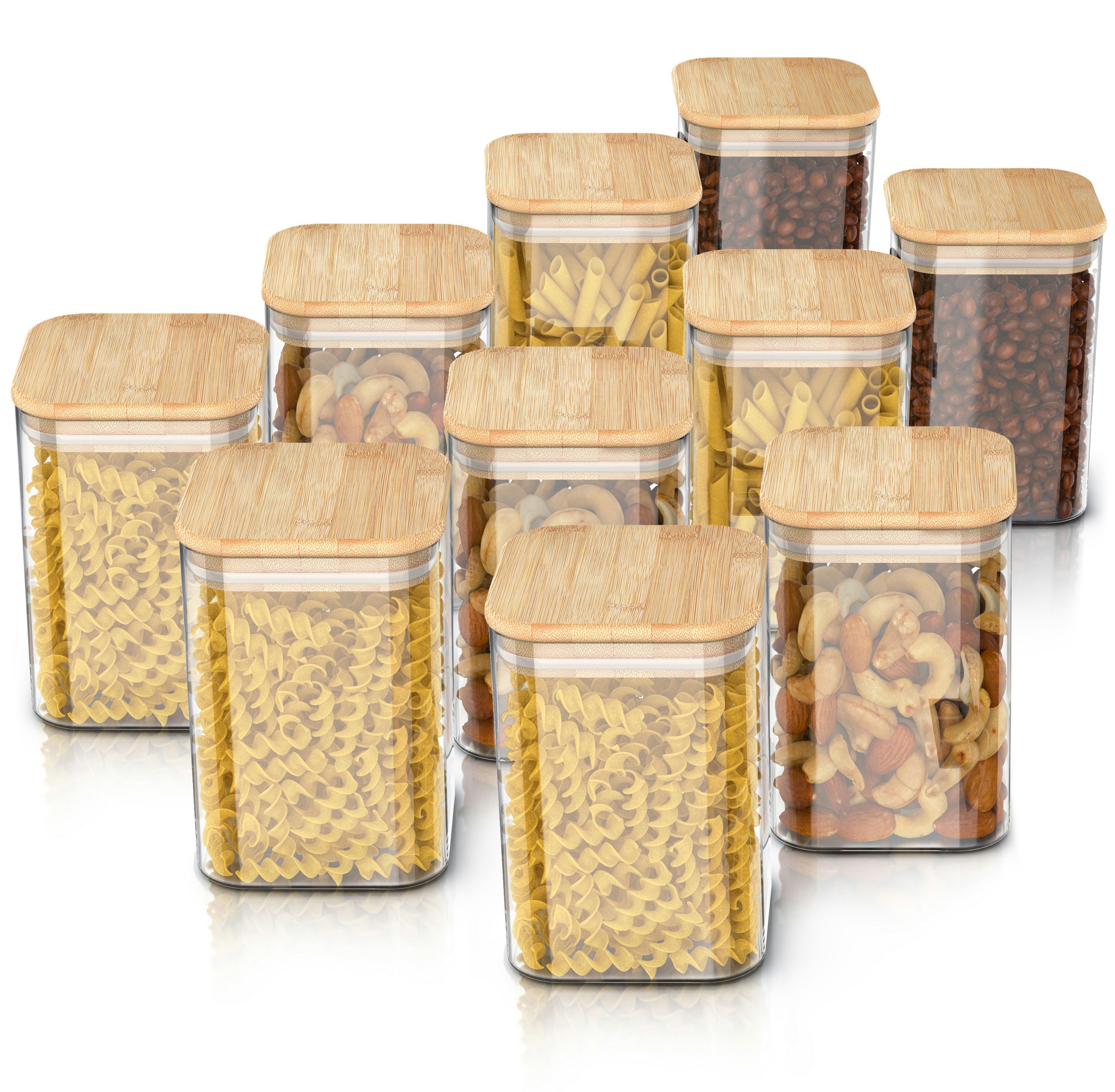 Arendo Aufbewahrungsbecher Glasbehälter-Set 10x 1,2 L Borosilikatglas mit Bambusdeckel, luftdicht, Borosilikatglas, Bambus, Silikon, (Vorratsbehälter-Set, 10-tlg., 10er Set), Hitzebeständig, umweltfreundlich, langlebig, mikrowellengeeignet