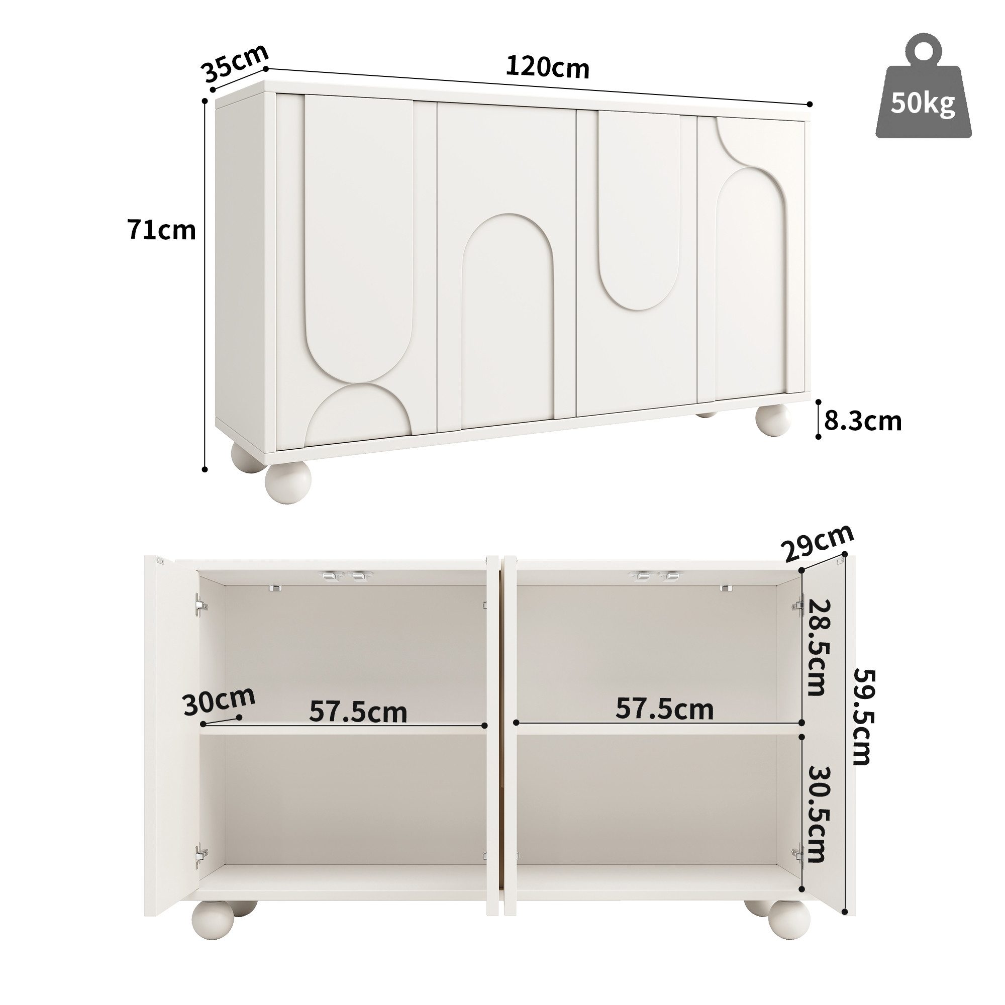 KLAM HOME Sideboard Schrank mit Stauraum, Anti-Dumping, verstellbarer Platte, weiß (Modernes, Schlichtes Kunst-Sideboard(120×35×71cm), Esszimmer- und Wohnzimmer-Aufbewahrungsschrank mit 4 Türen