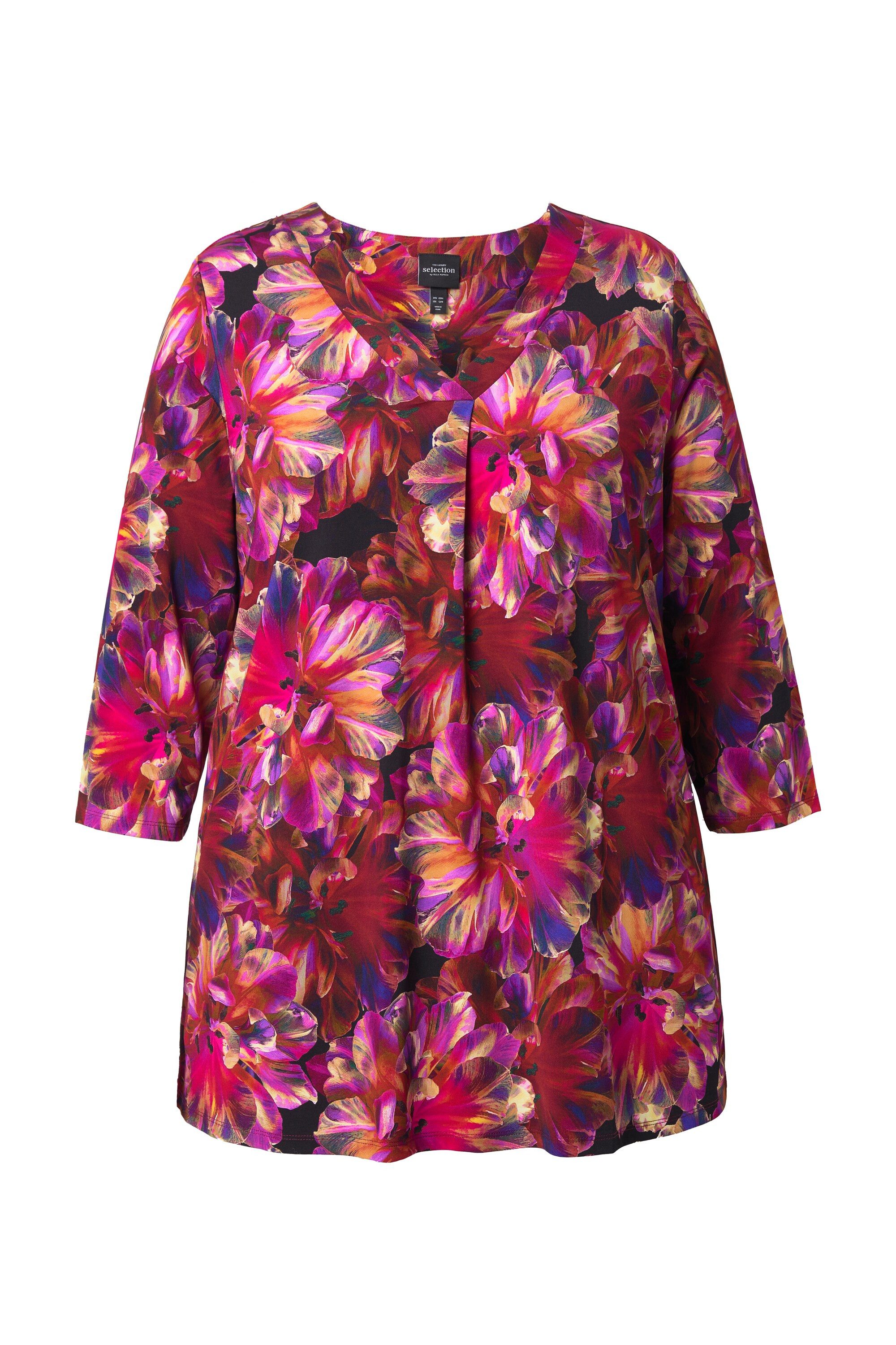 Longshirt Slinky-Shirt Blüten A-Linie V-Ausschnitt 3/4-Arm