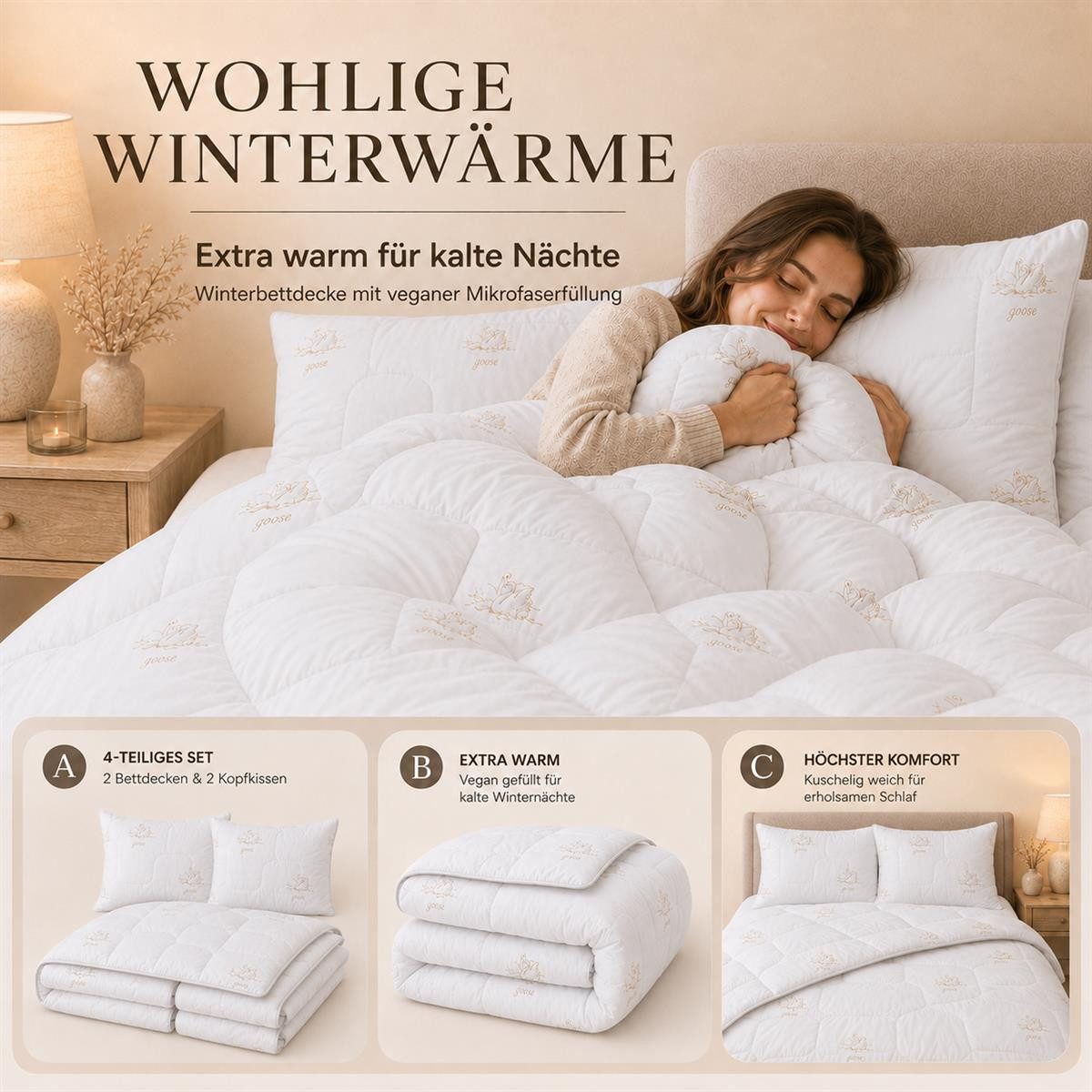 SEI Design Microfaserbettdecke Bettset SWAN 4-tlg 2x Winter-Bettdecken 135x200 + 2x Kissen 80x80, Füllung: daunenähnliches Gefühl, Bett-Set 4-Tlg.: 2x Bettdecken 135x200 + 2x Kissen 80x80