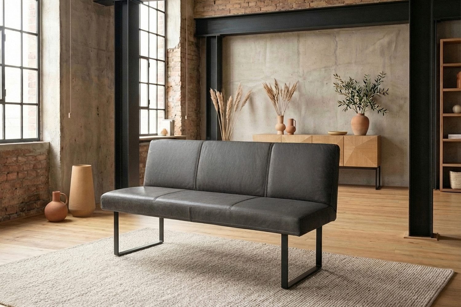 KAWOLA Sitzbank ELEEN Esszimmerbank Leder pigmentiert – modernes Design, 123 cm Breite, hoher Sitzkomfort, Metallgestell schwarz