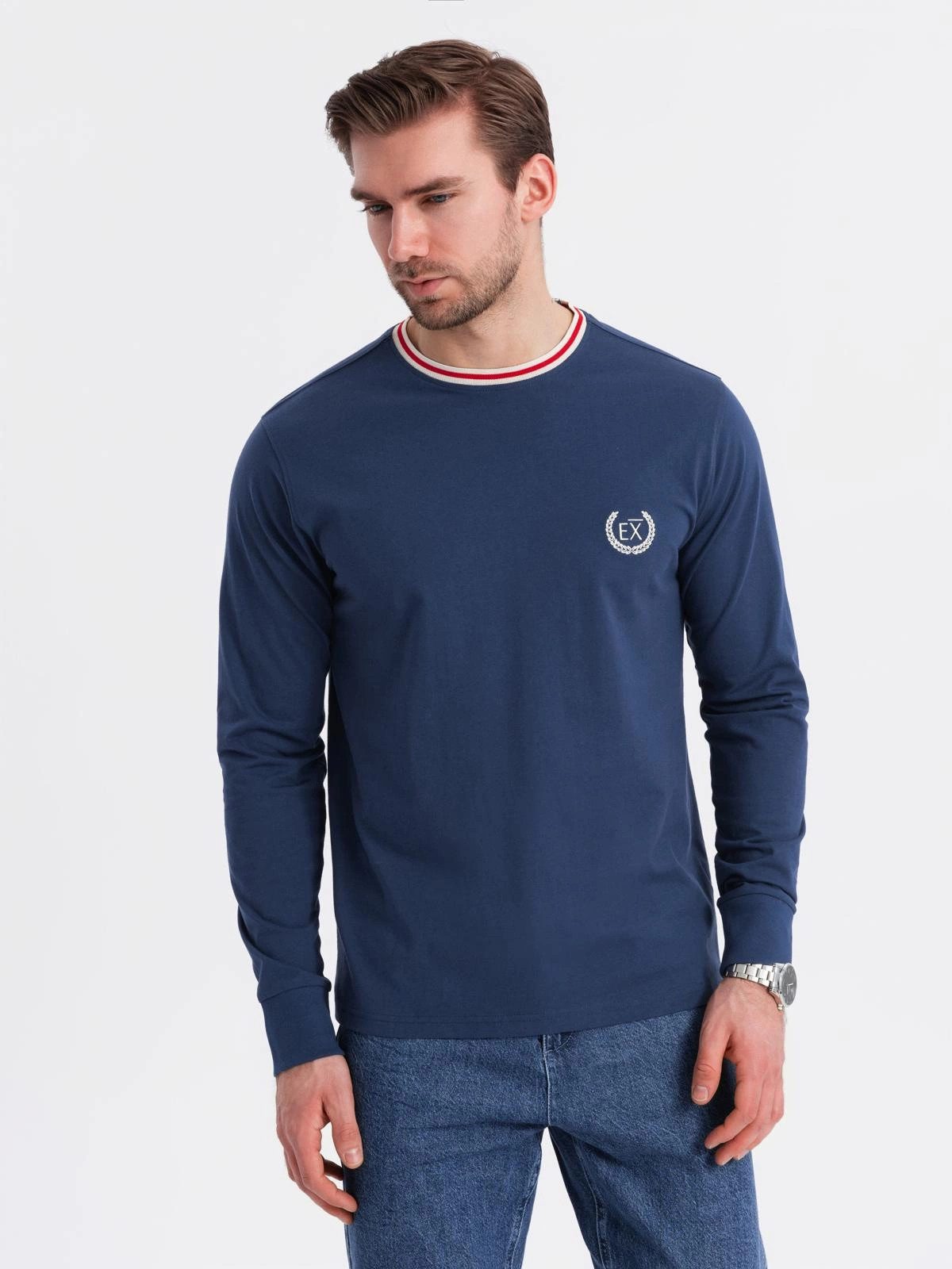 Longsleeve Longsleeve aus Baumwolle mit U-Streifen-Ausschnitt und Stickerei