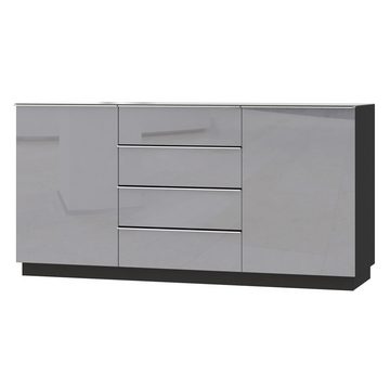 Lomadox Sideboard HOOVER-83, modern grau mit Glasfronten und Korpus in schwarz, B/H/T: 160/80/48 cm