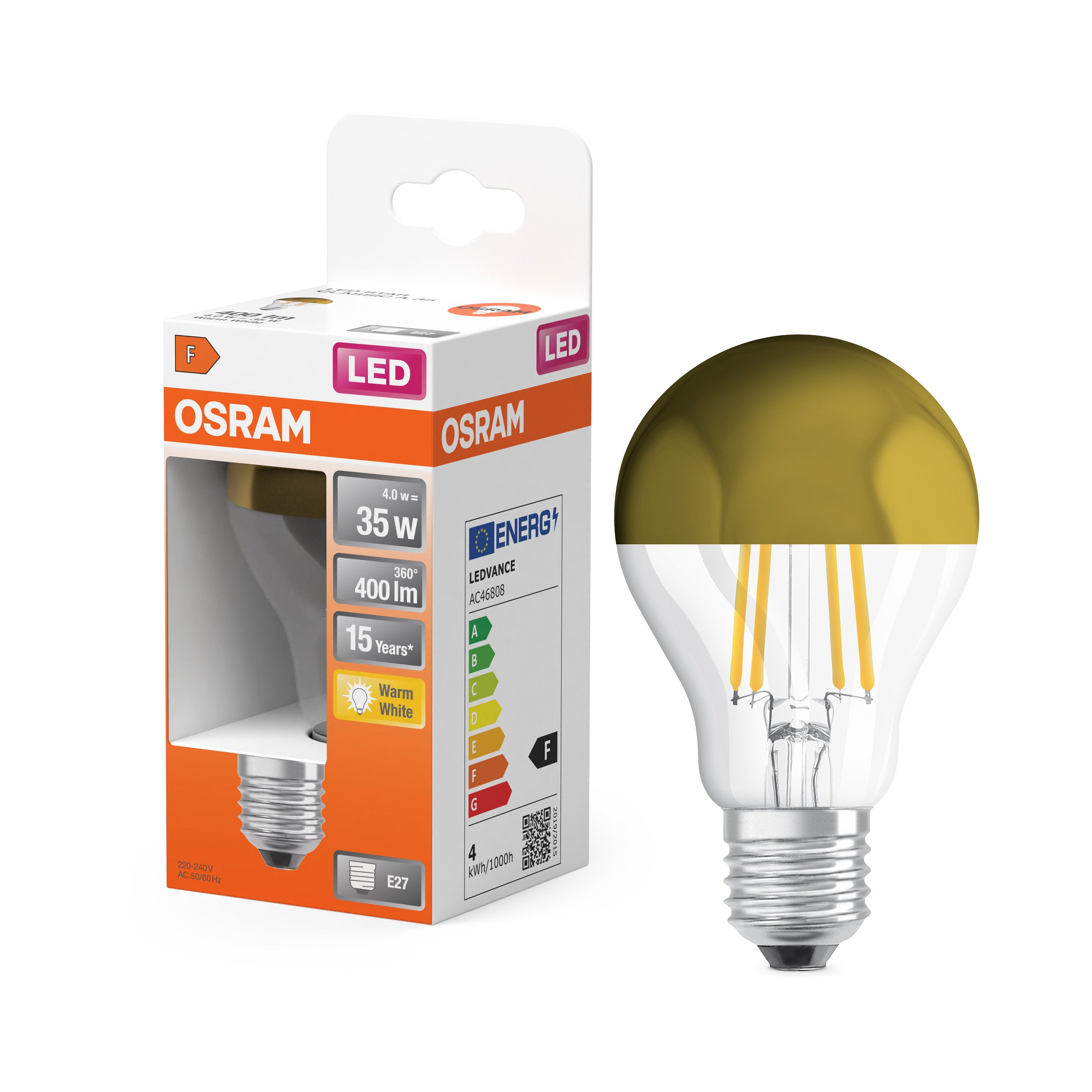 Osram LED-Leuchtmittel LED Star Classic A 35 Filament Mirror Gold 4W 827 Clear E27, E27, 1 St., Warm weiß, Einfacher Lampenwechsel dank kompaktem Design