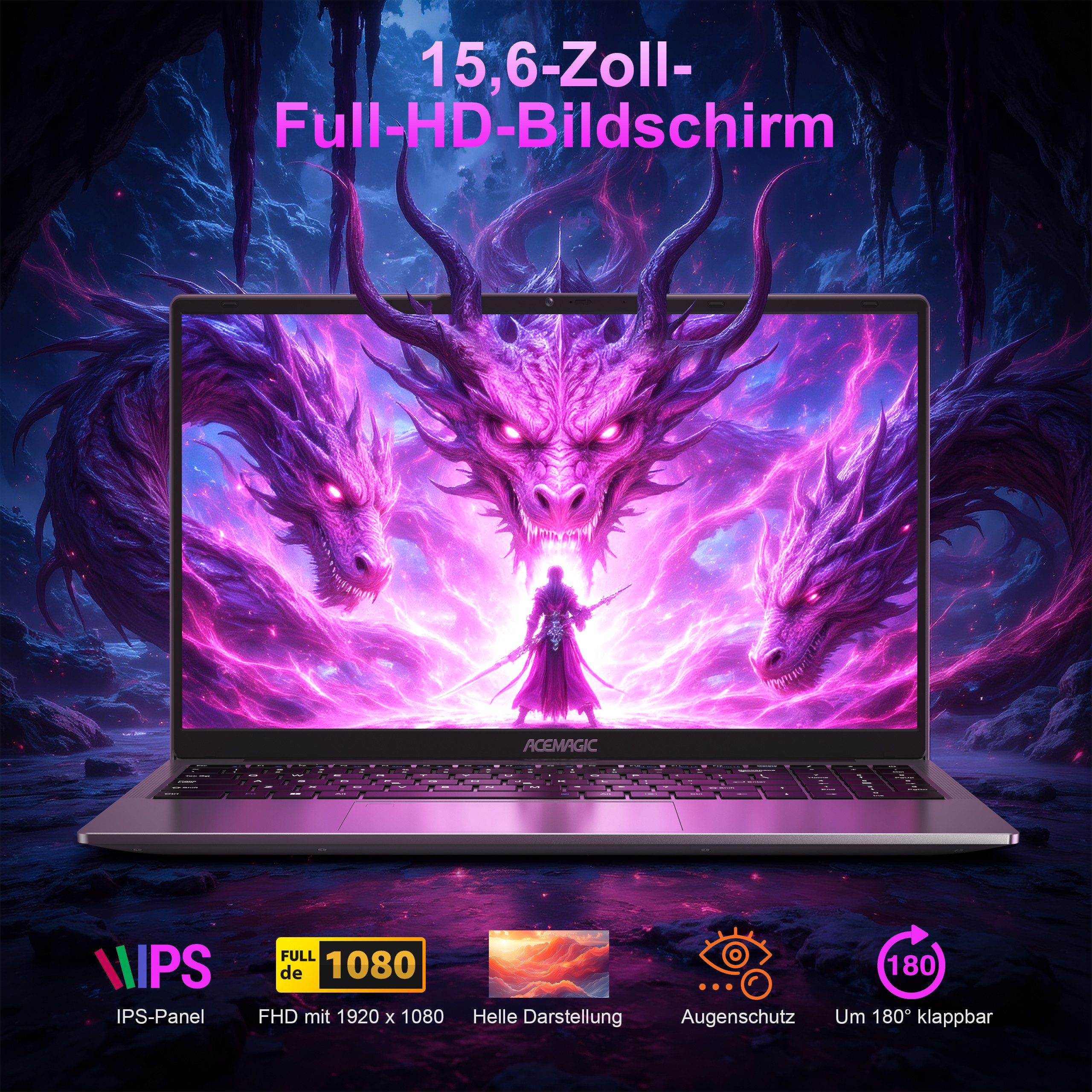 ACEMAGIC 15.6" Laptop AMD Ryzen 5 7430U 16GB RAM 512GB SSD, Windows 11 Pro Notebook (35,74 cm/15.6 Zoll, AMD AMD Ryzen 5 7430U, AMD Radeon Graphics, 16 GB, 512 GB SSD, 180° Drehung,Tastatur mit Nummern,Touchpad,Deutsche Tastaturabdeckung)